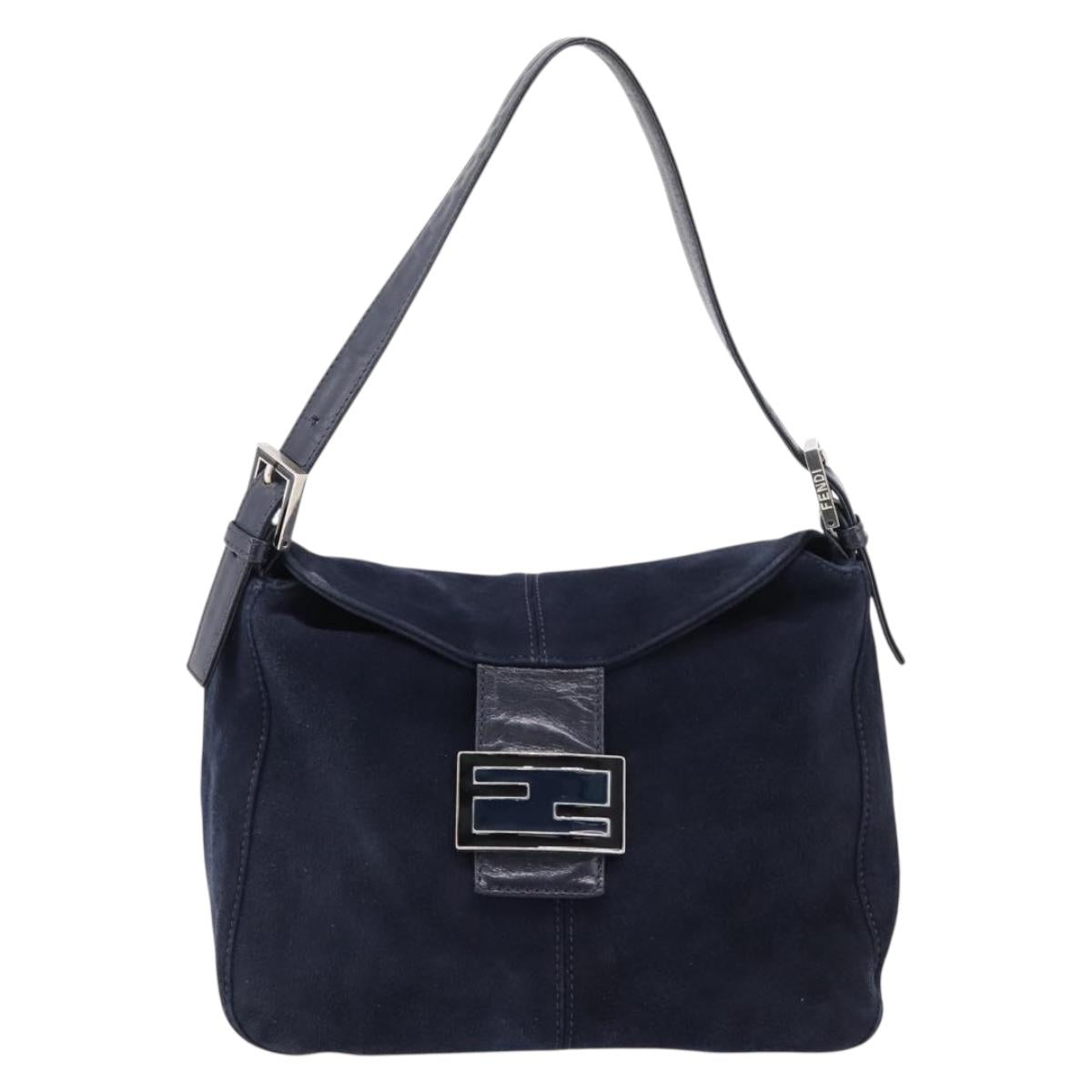 FENDI Mamma Baguette Shoulder Bag Suede Navy Silver 26426 Auth 208579V