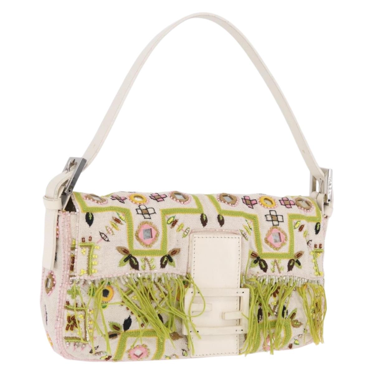 FENDI Mamma Baguette Shoulder Bag Canvas Beads White Silver 26424 Auth 208584SAM
