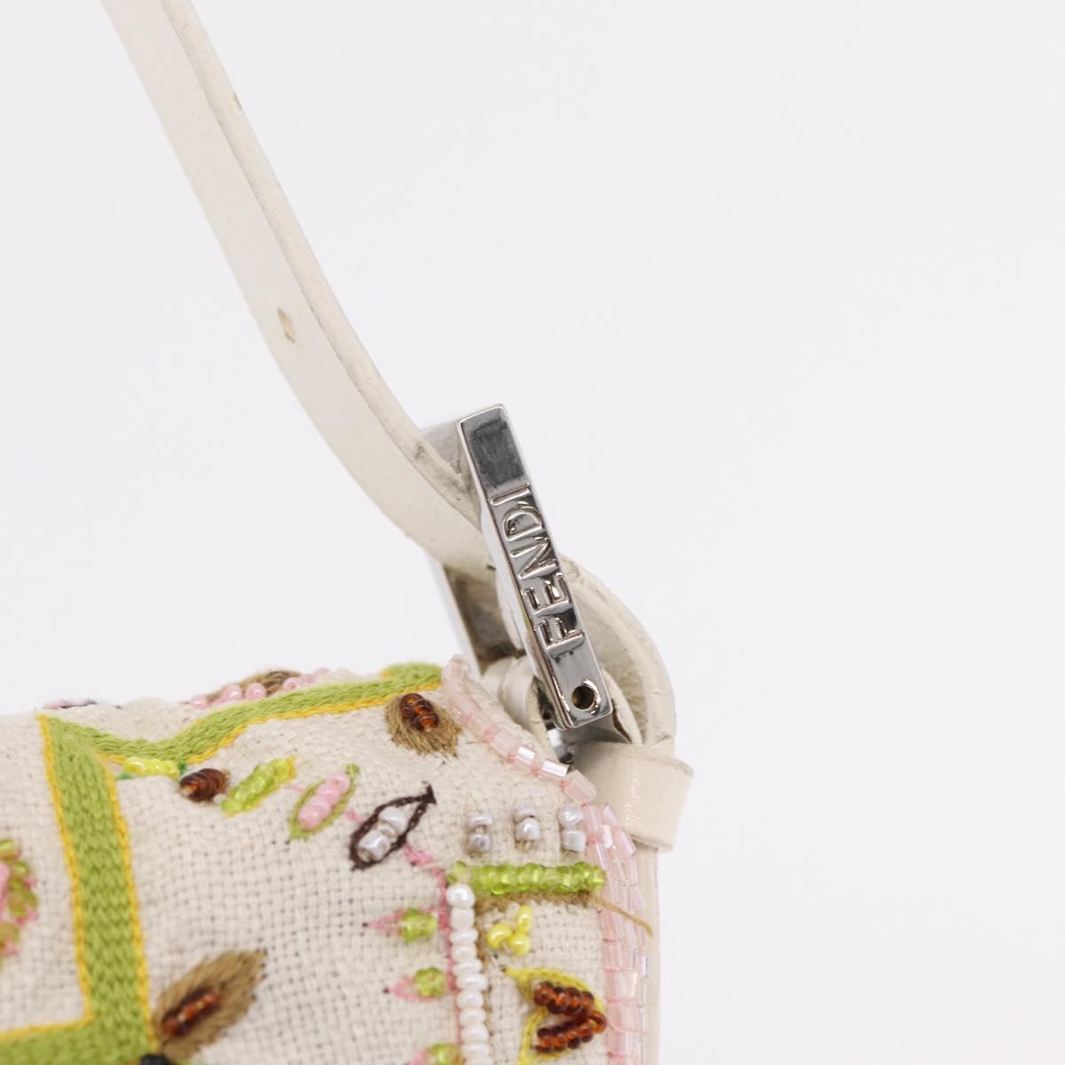 FENDI Mamma Baguette Shoulder Bag Canvas Beads White Silver 26424 Auth 208584SAM