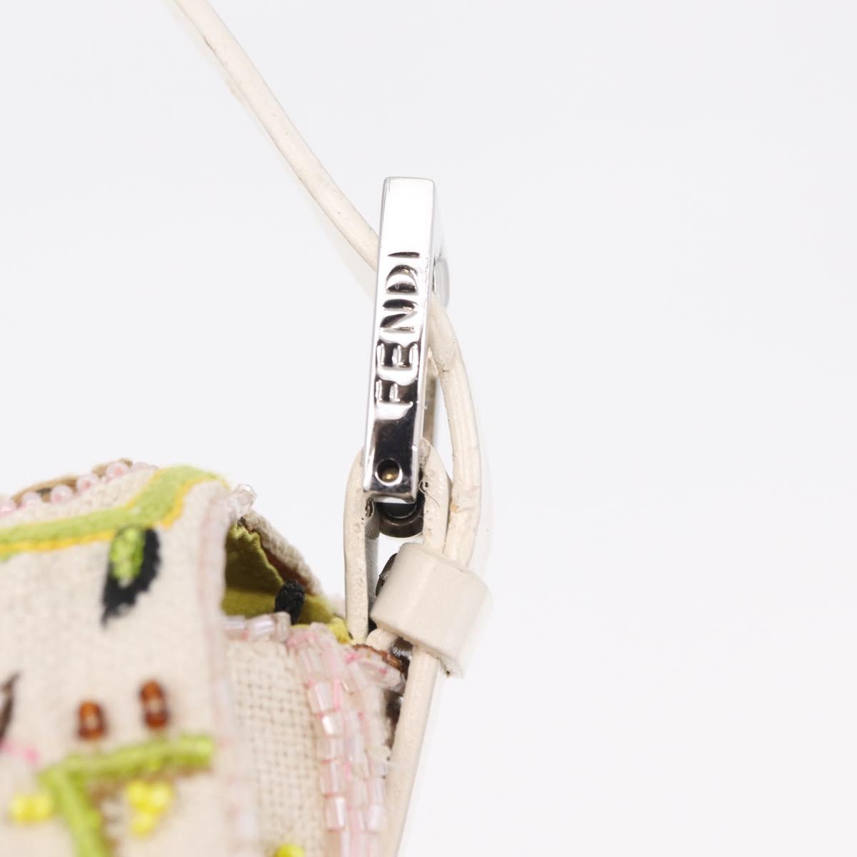 FENDI Mamma Baguette Shoulder Bag Canvas Beads White Silver 26424 Auth 208584SAM