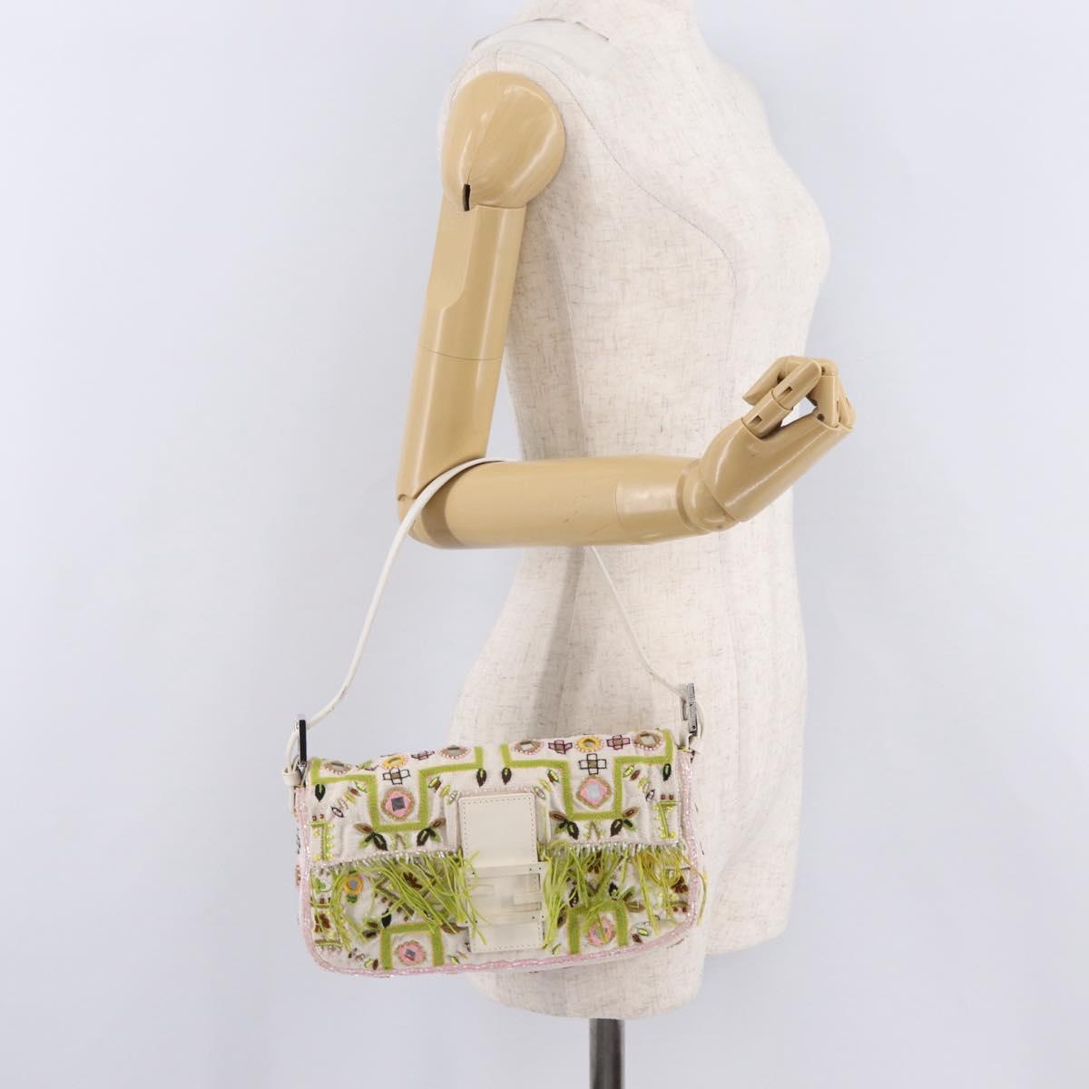 FENDI Mamma Baguette Shoulder Bag Canvas Beads White Silver 26424 Auth 208584SAM