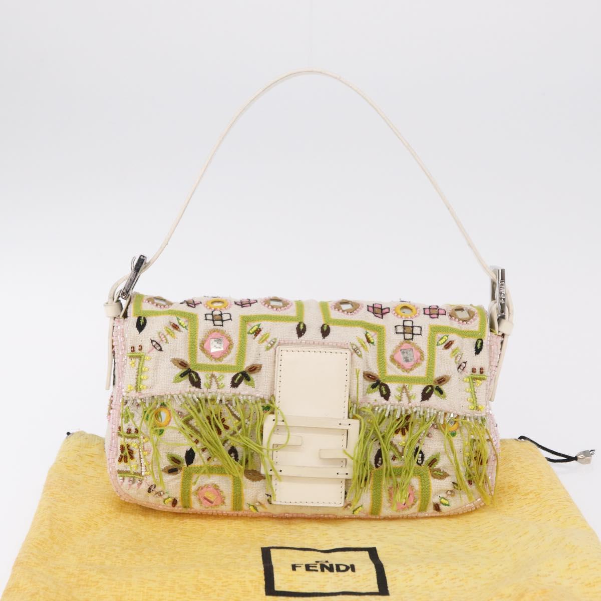 FENDI Mamma Baguette Shoulder Bag Canvas Beads White Silver 26424 Auth 208584SAM