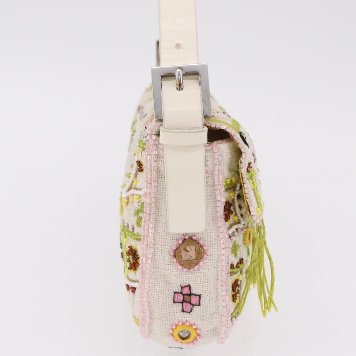 FENDI Mamma Baguette Shoulder Bag Canvas Beads White Silver 26424 Auth 208584SAM