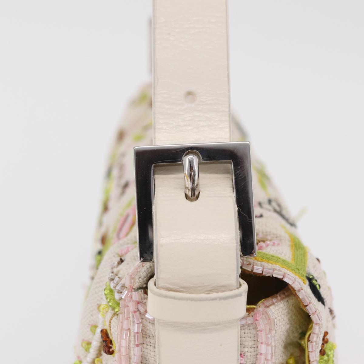 FENDI Mamma Baguette Shoulder Bag Canvas Beads White Silver 26424 Auth 208584SAM