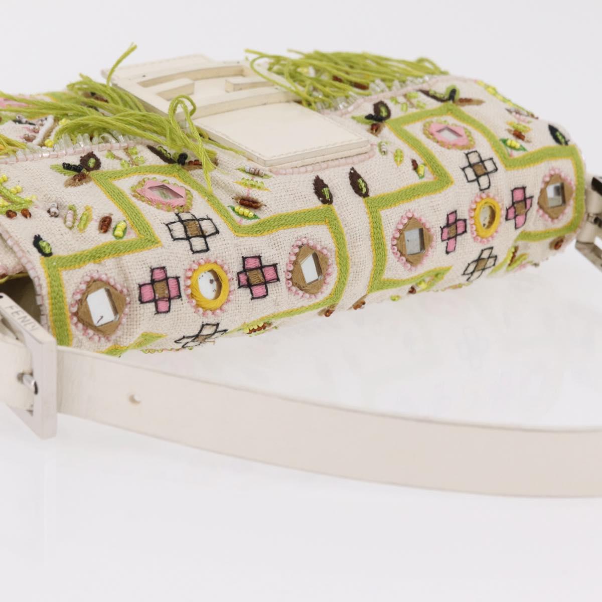 FENDI Mamma Baguette Shoulder Bag Canvas Beads White Silver 26424 Auth 208584SAM