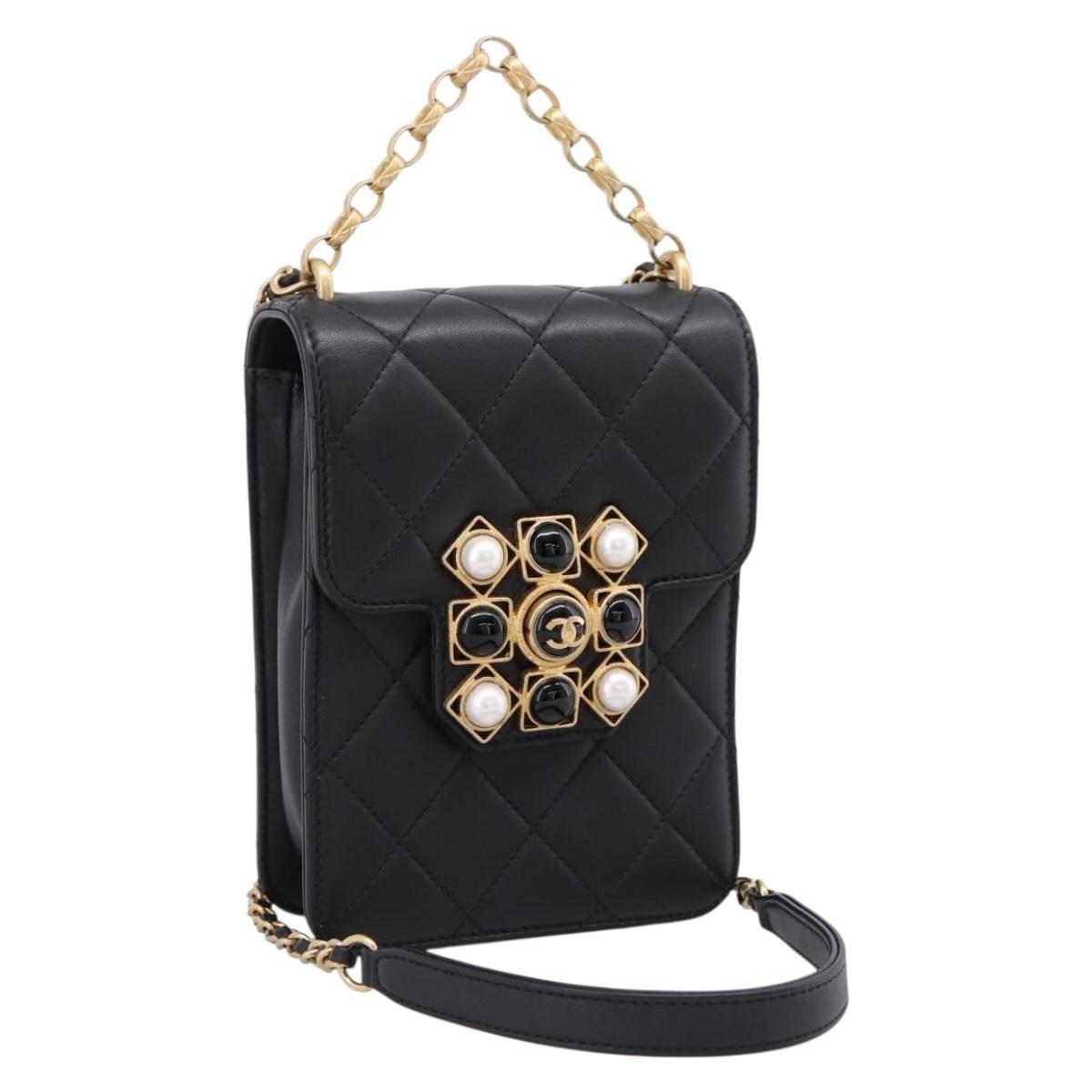 CHANEL Matelasse Shoulder Bag Calf Skin Black Champagne Gold CC Auth 208597SM
