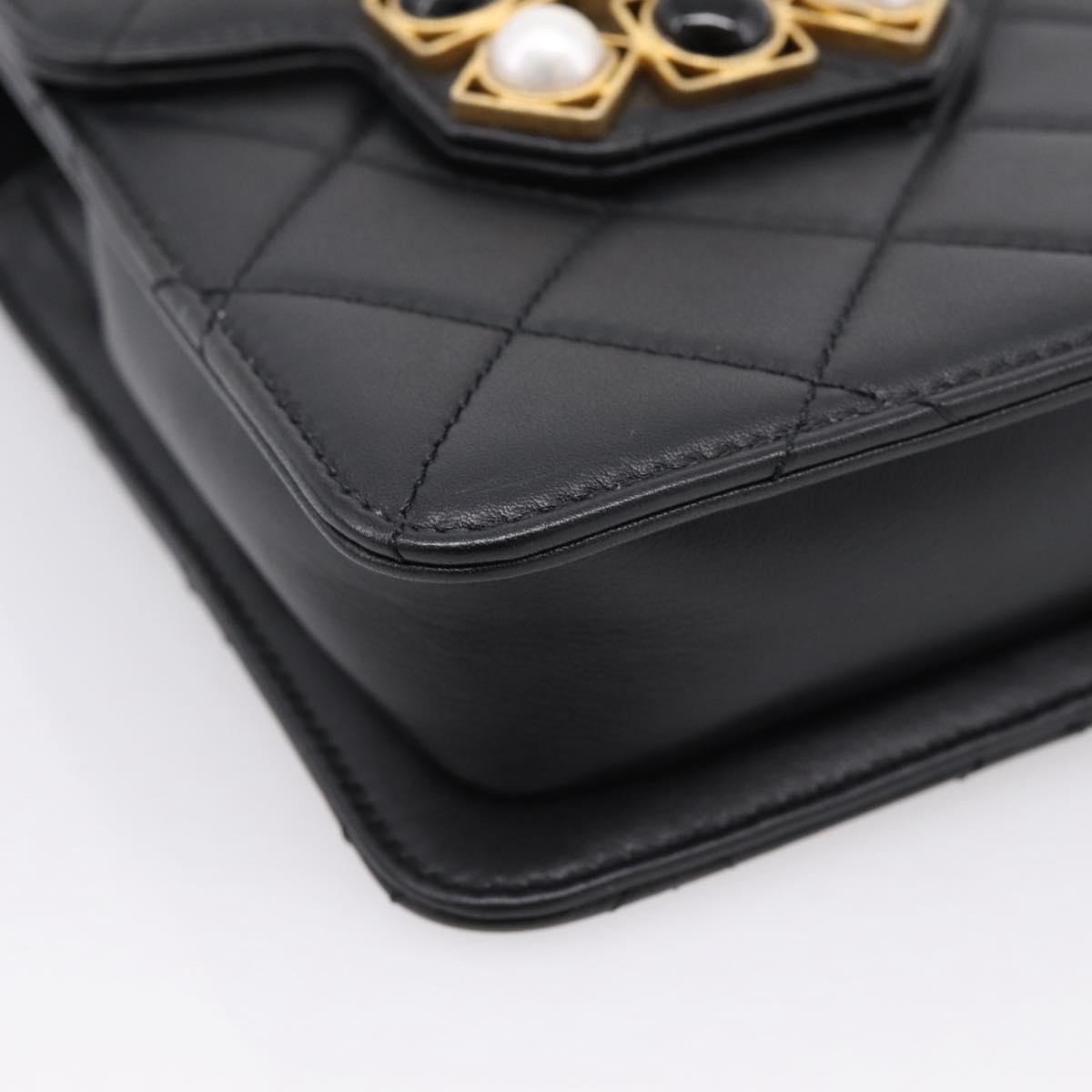 CHANEL Matelasse Shoulder Bag Calf Skin Black Champagne Gold CC Auth 208597SM