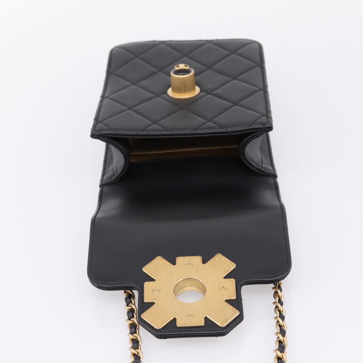 CHANEL Matelasse Shoulder Bag Calf Skin Black Champagne Gold CC Auth 208597SM