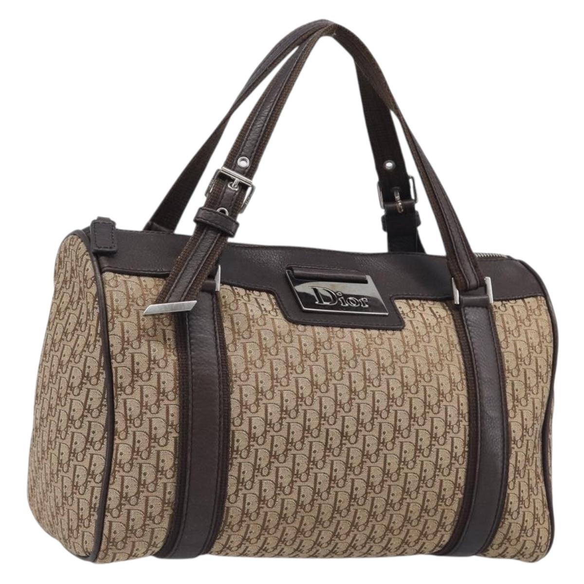 Christian Dior Trotter Canvas Hand Bag Beige Silver Auth 208624V