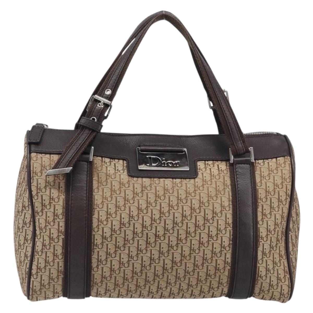 Christian Dior Trotter Canvas Hand Bag Beige Silver Auth 208624V