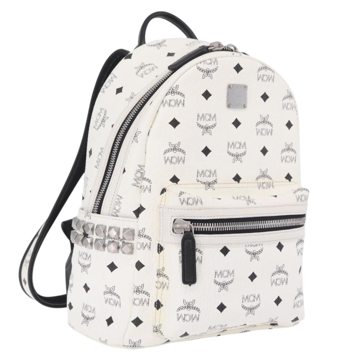 MCM Vicetos Logogram Backpack PVC Leather White Silver Auth 208627