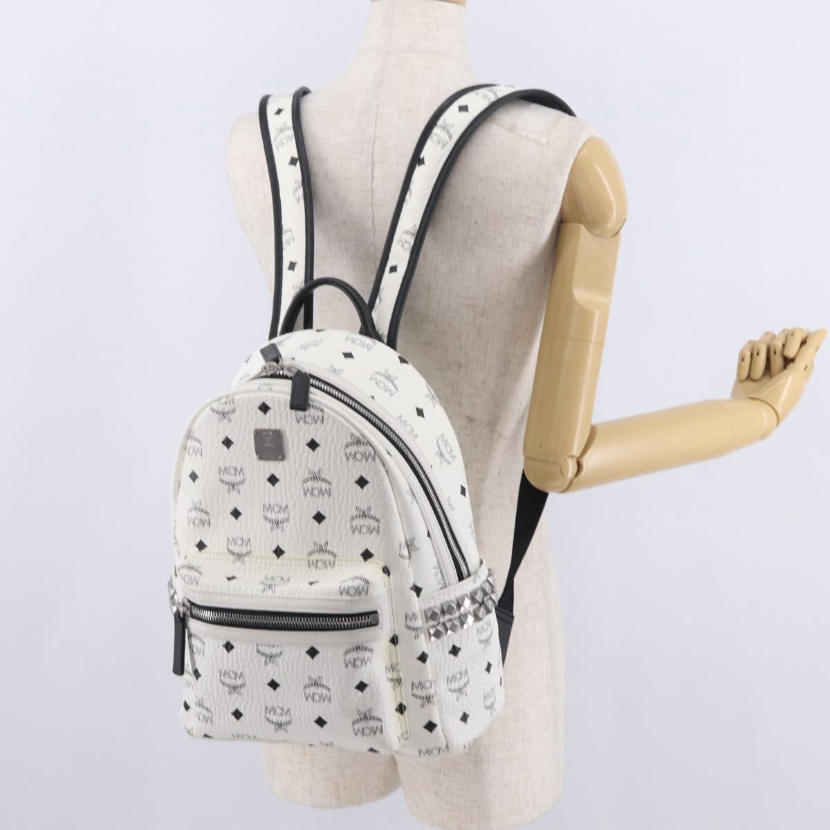 MCM Vicetos Logogram Backpack PVC Leather White Silver Auth 208627