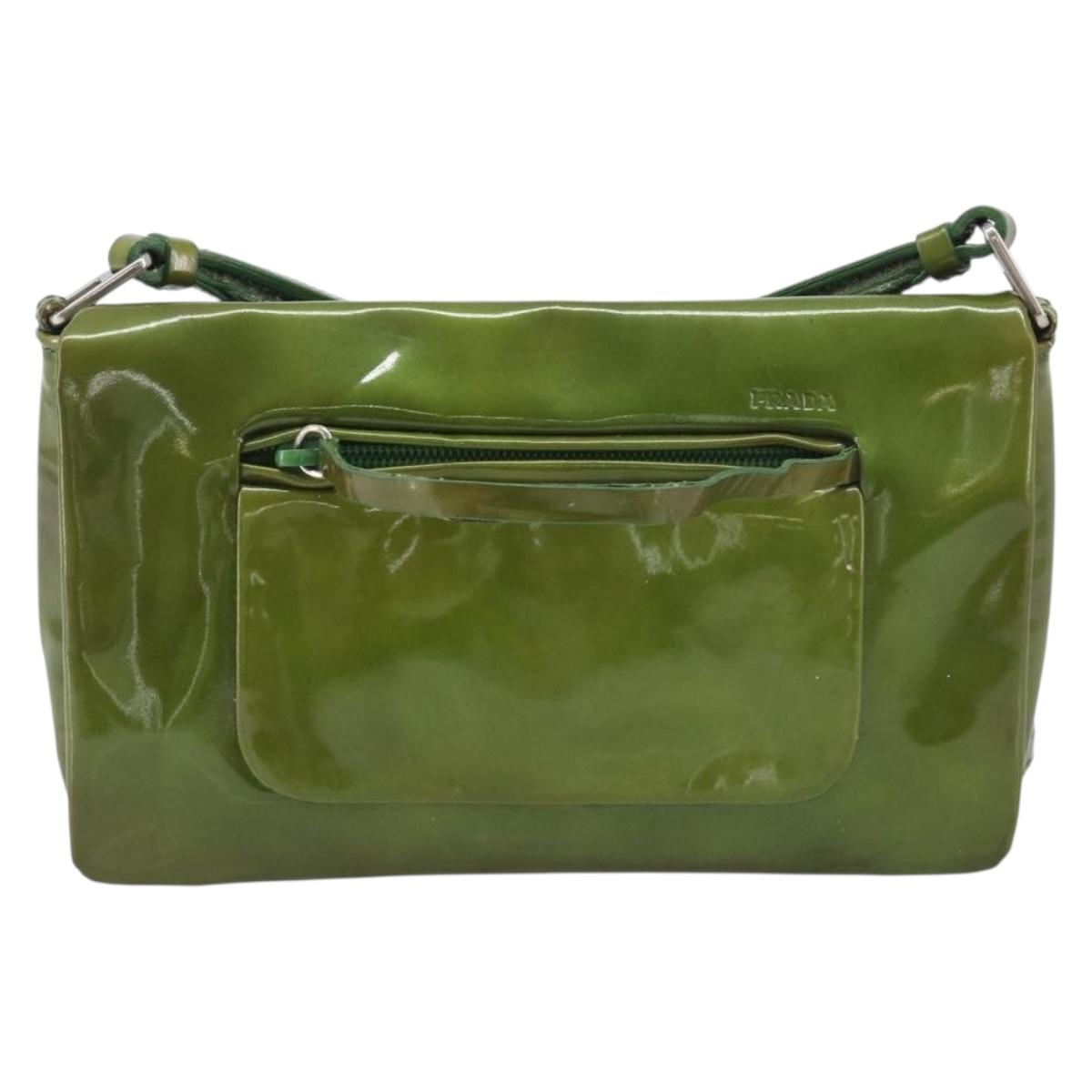 PRADA Shoulder Bag Patent Green Silver Auth 208631