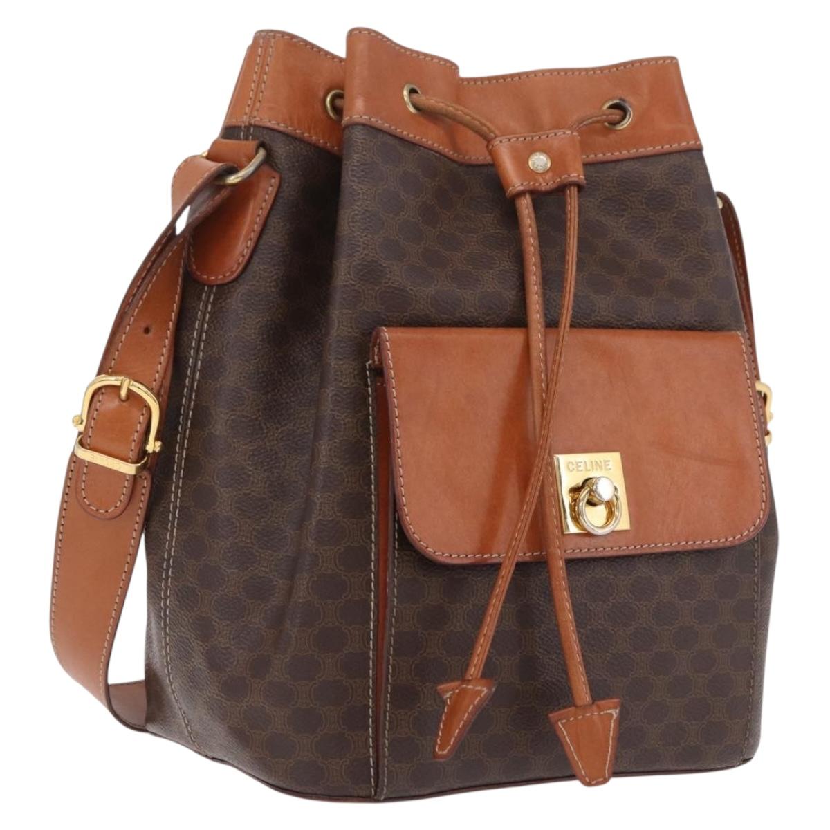CELINE Macadam Canvas Shoulder Bag PVC Leather Brown Gold Auth 208658V