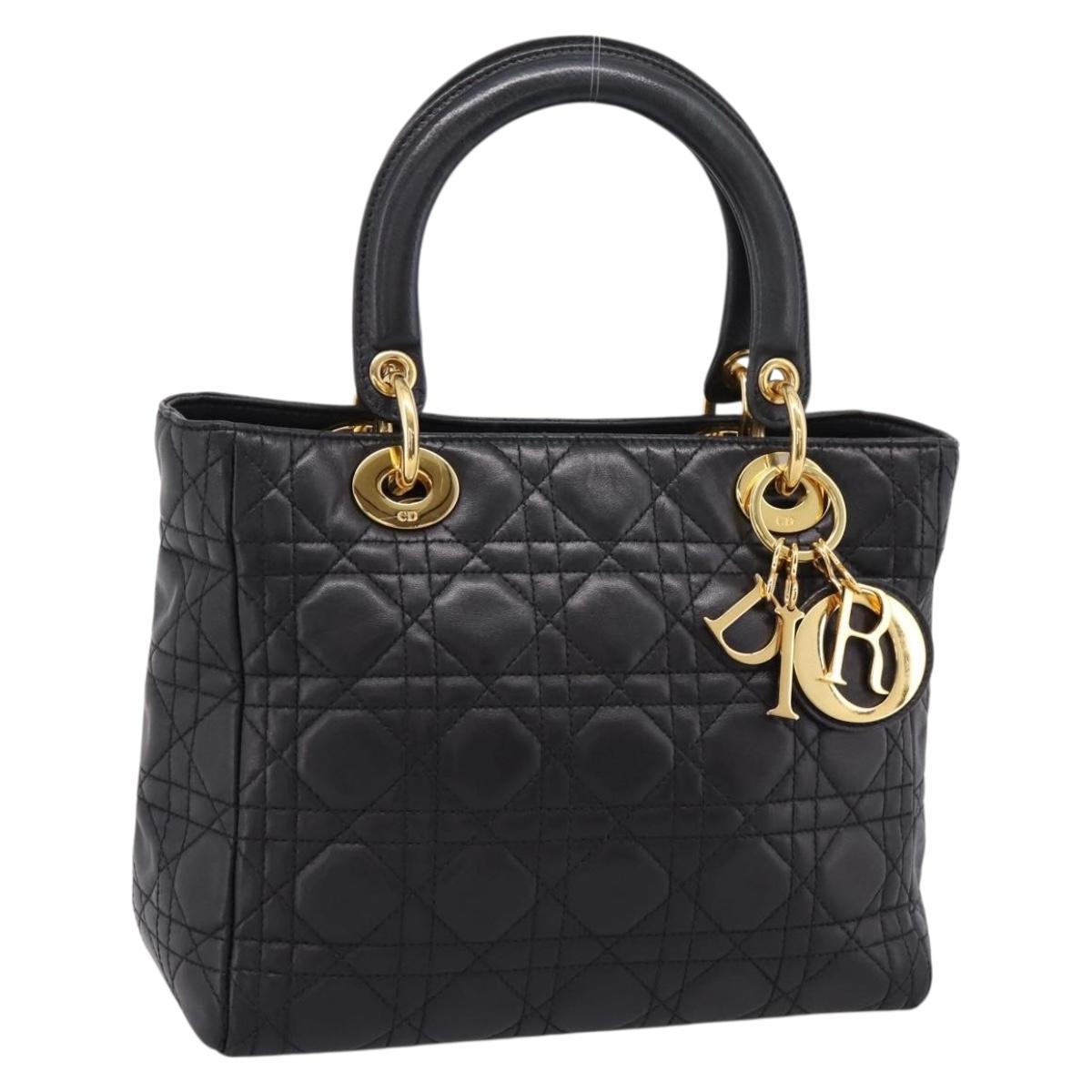 Christian Dior Canage Hand Bag Lamb Skin Black Gold Auth 208690A