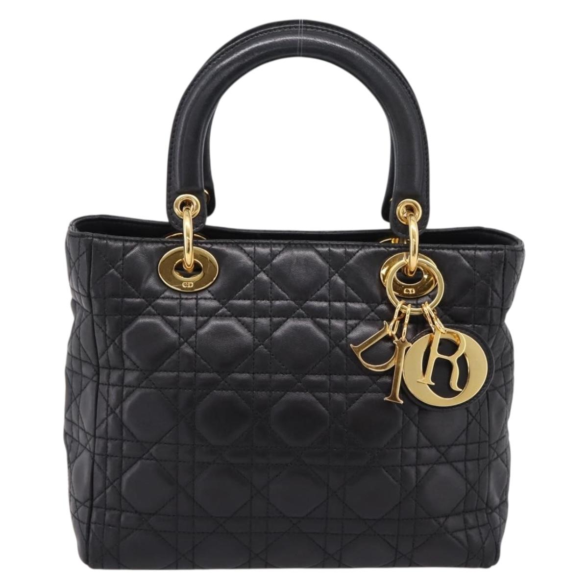 Christian Dior Canage Hand Bag Lamb Skin Black Gold Auth 208690A