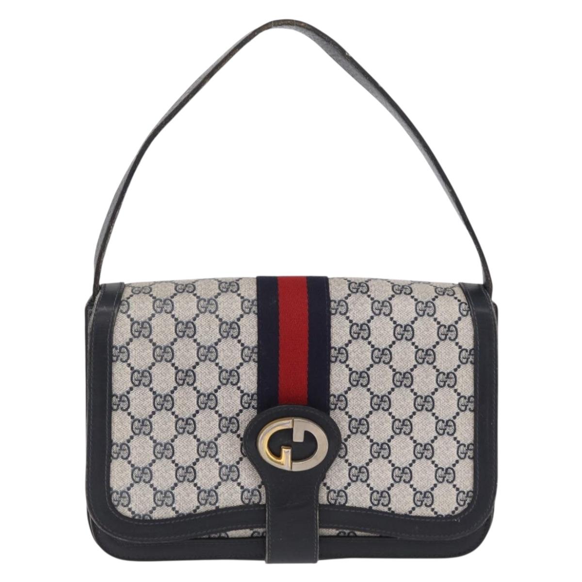 GUCCI GG Supreme Sherry Line Shoulder Bag PVC Navy Gold Auth 208696