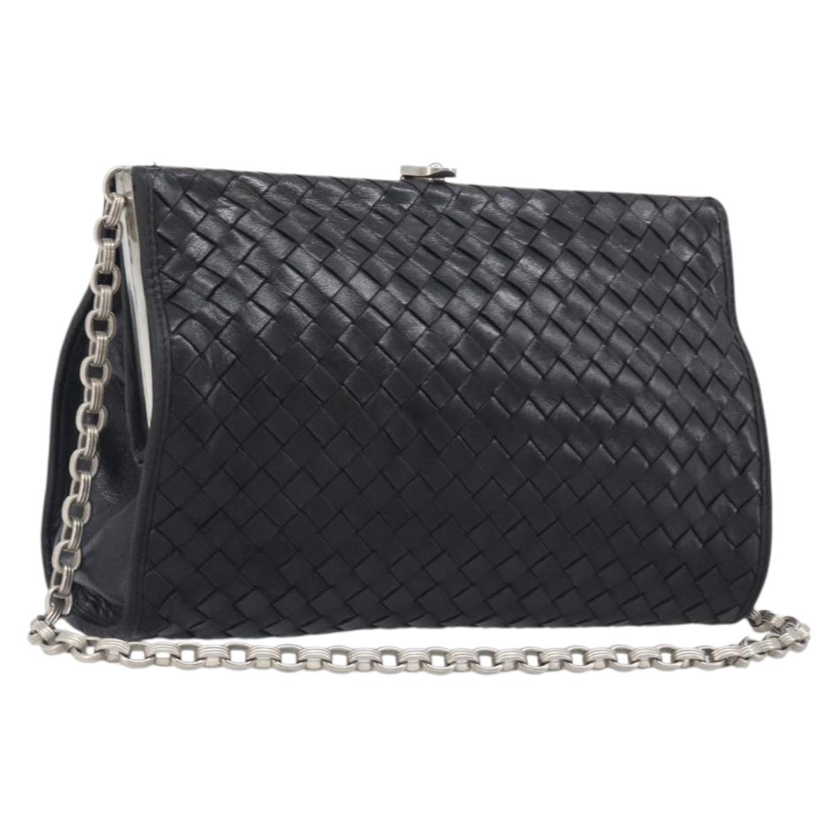 Bottega Veneta INTRECCIATO Chain Shoulder Bag Leather Black Silver Auth 208700V