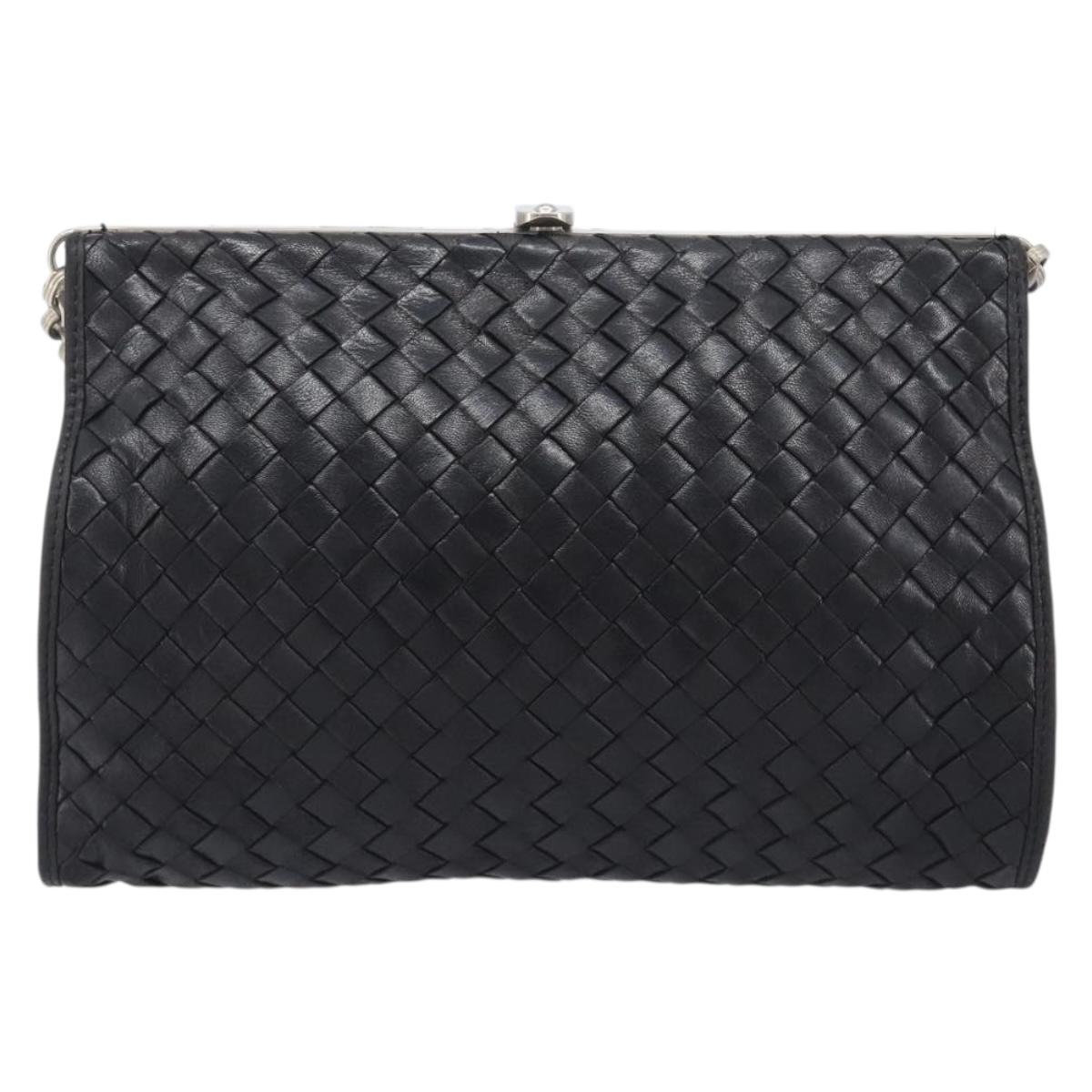 Bottega Veneta INTRECCIATO Chain Shoulder Bag Leather Black Silver Auth 208700V
