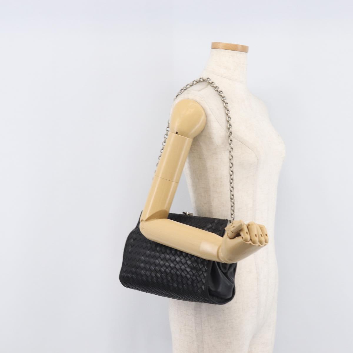 Bottega Veneta INTRECCIATO Chain Shoulder Bag Leather Black Silver Auth 208700V