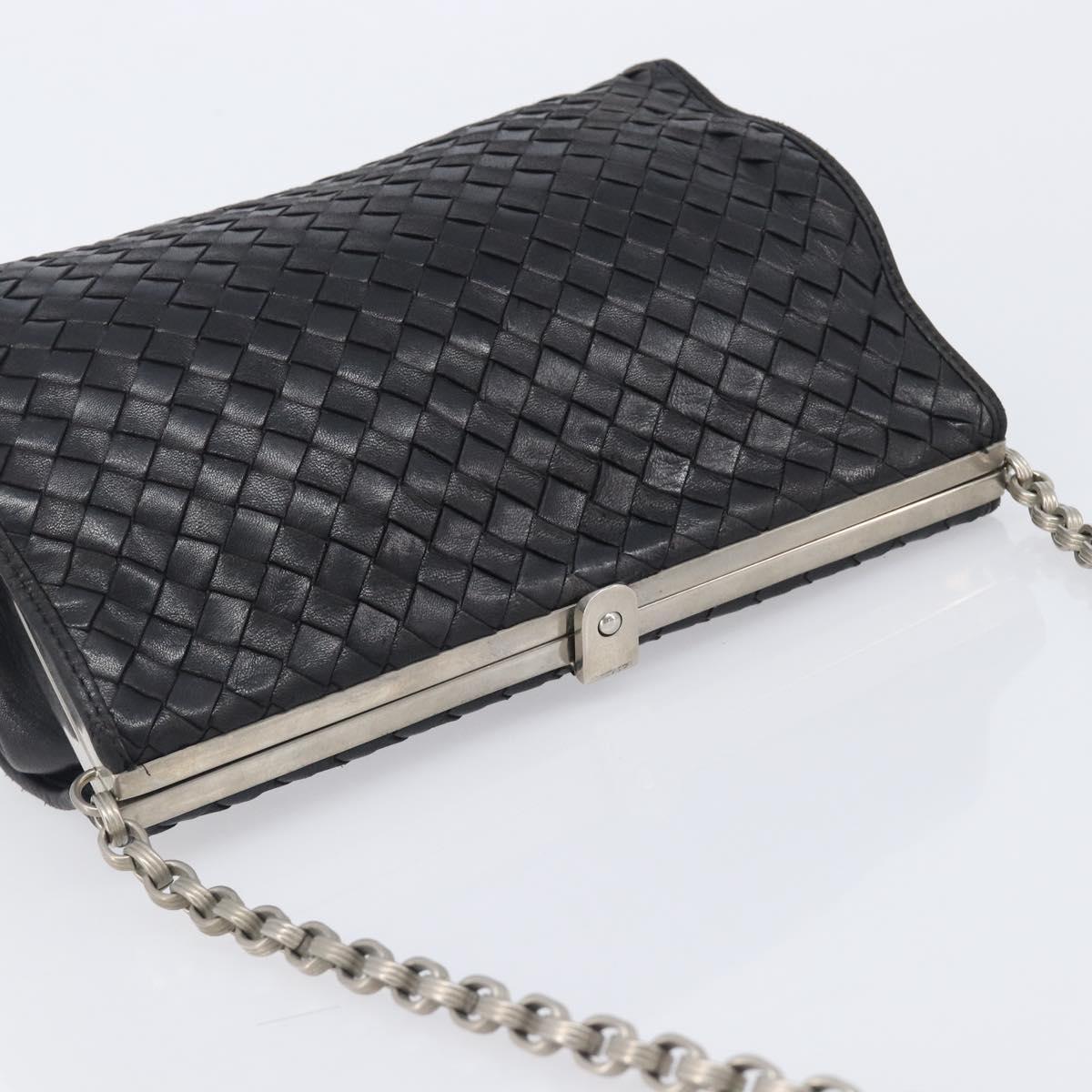 Bottega Veneta INTRECCIATO Chain Shoulder Bag Leather Black Silver Auth 208700V
