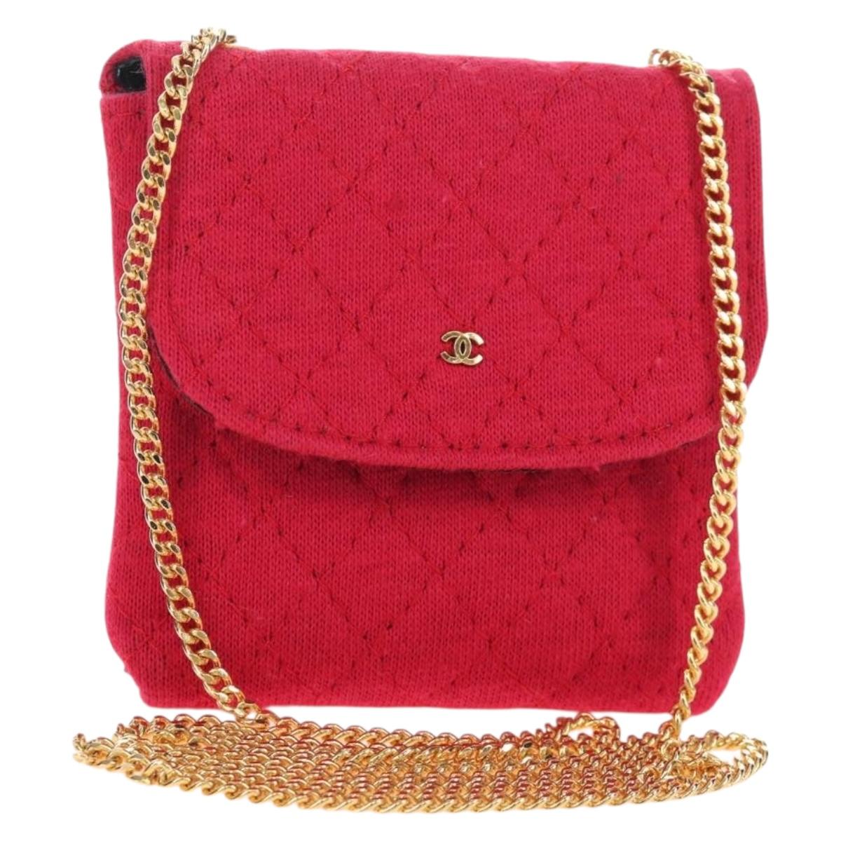 CHANEL Matelasse Chain Shoulder Pouch Cotton Red Gold CC Auth 208720V