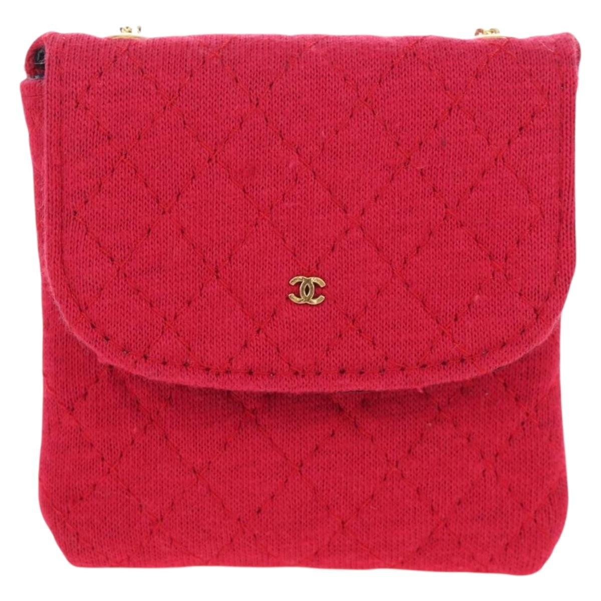 CHANEL Matelasse Chain Shoulder Pouch Cotton Red Gold CC Auth 208720V