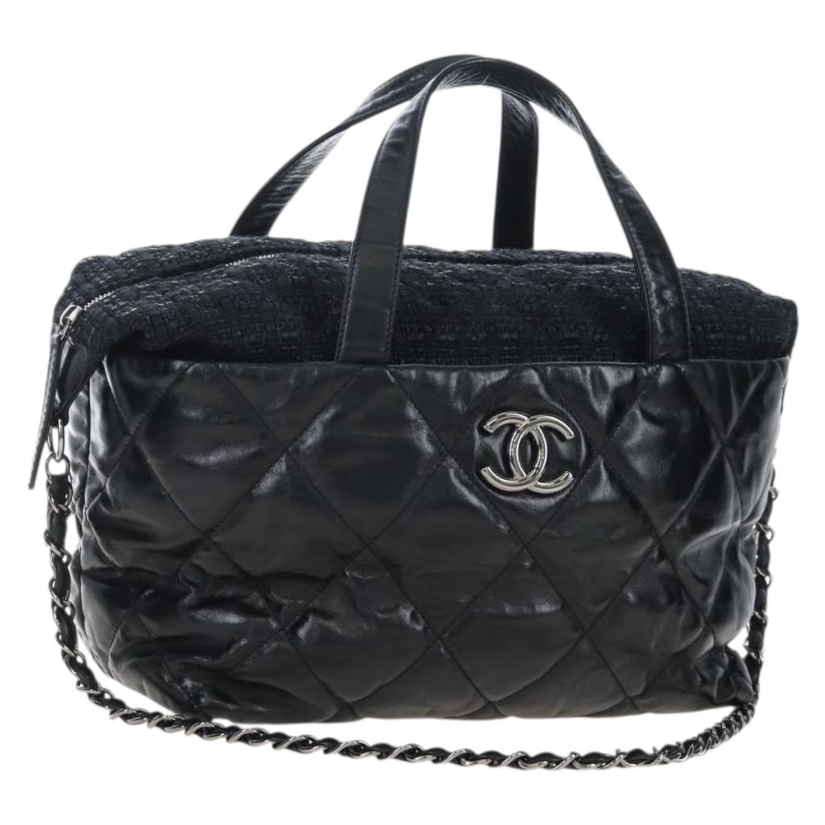 CHANEL Matelasse Portello Hand Bag Lamb Skin 2way Black Silver CC Auth 208729V