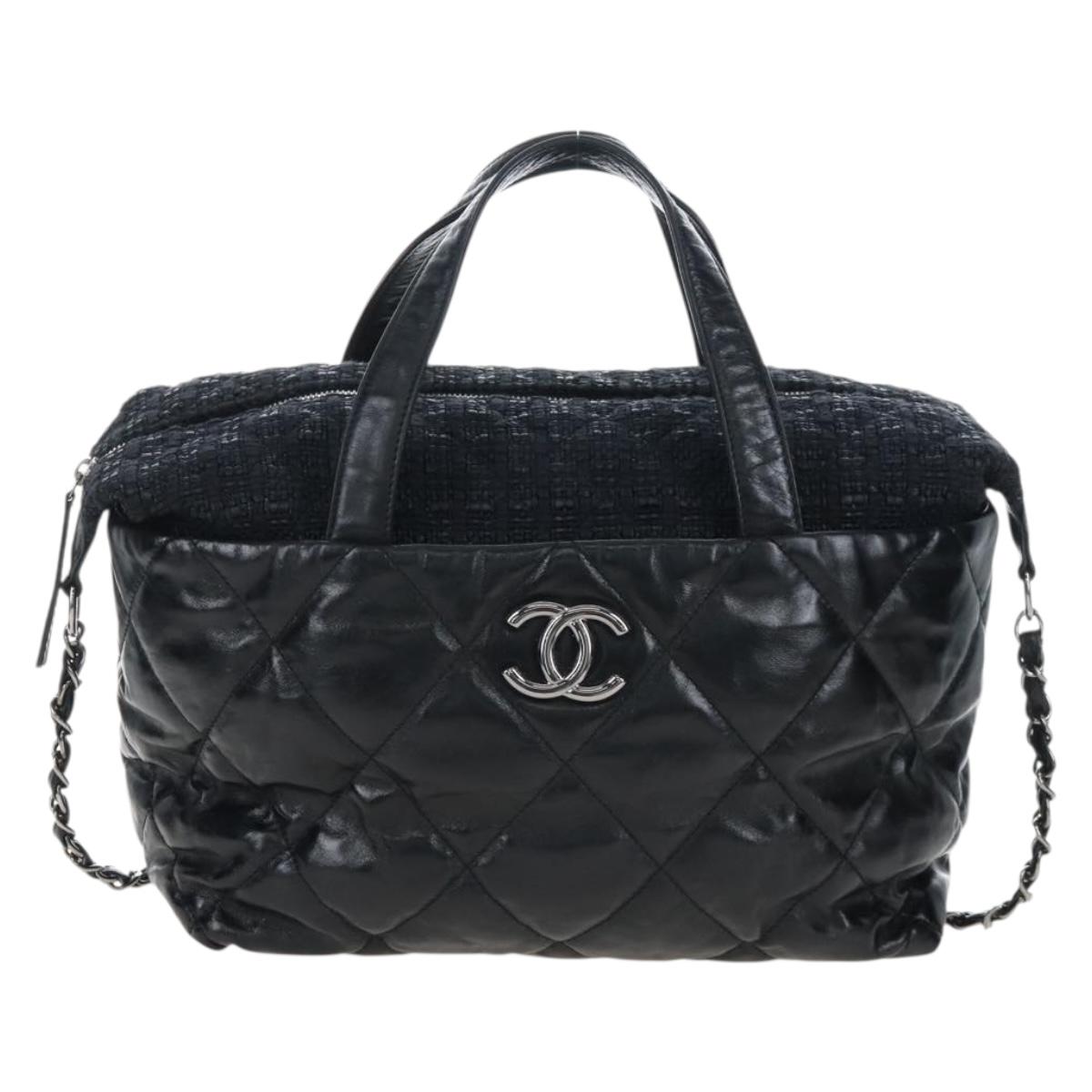CHANEL Matelasse Portello Hand Bag Lamb Skin 2way Black Silver CC Auth 208729V