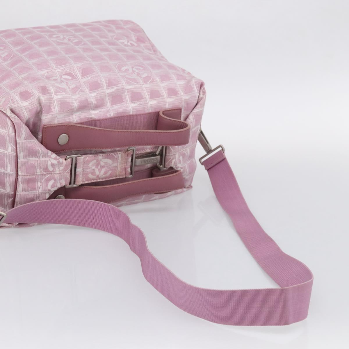 CHANEL New Travel Line Shoulder Bag Nylon Pink Silver CC Auth 208736