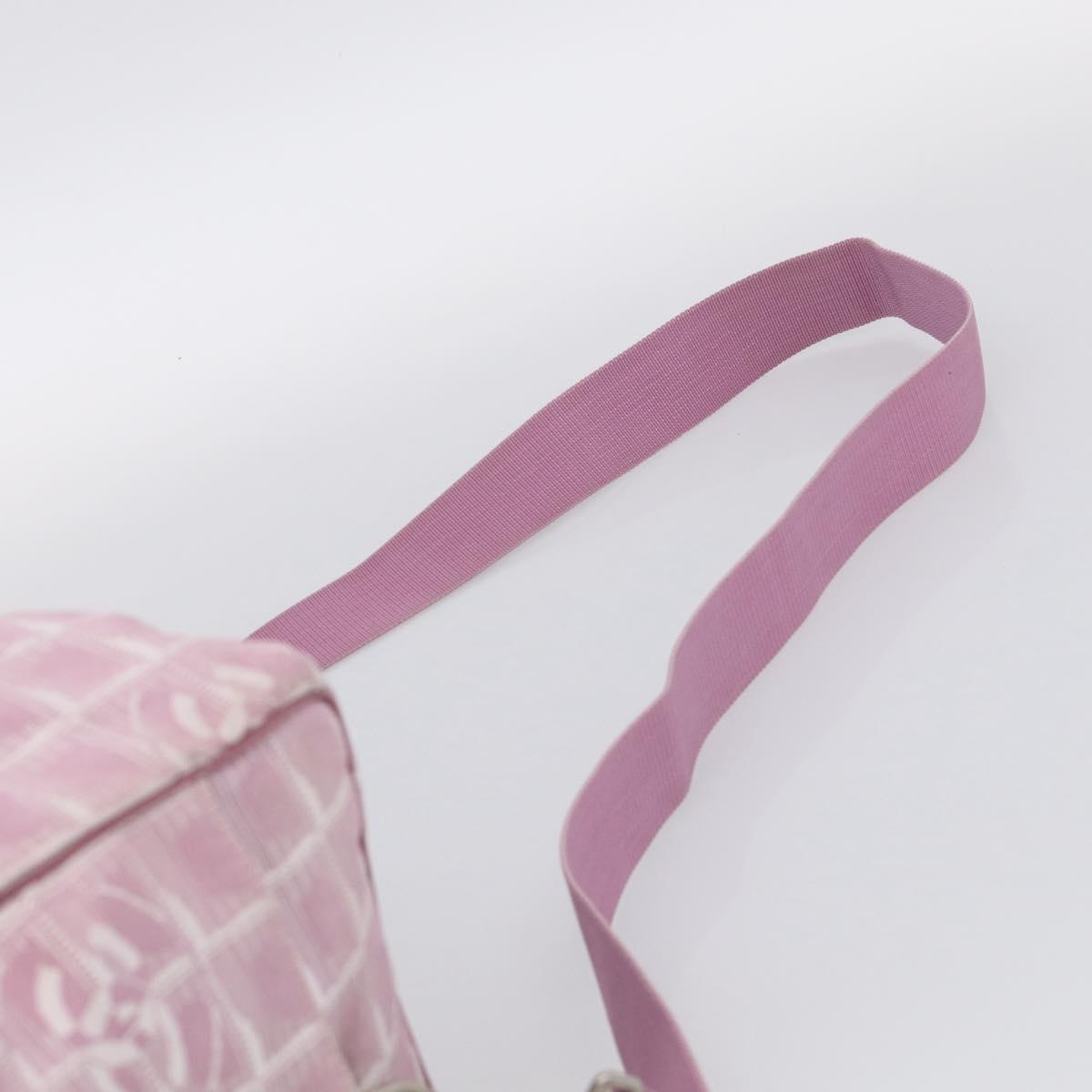 CHANEL New Travel Line Shoulder Bag Nylon Pink Silver CC Auth 208736