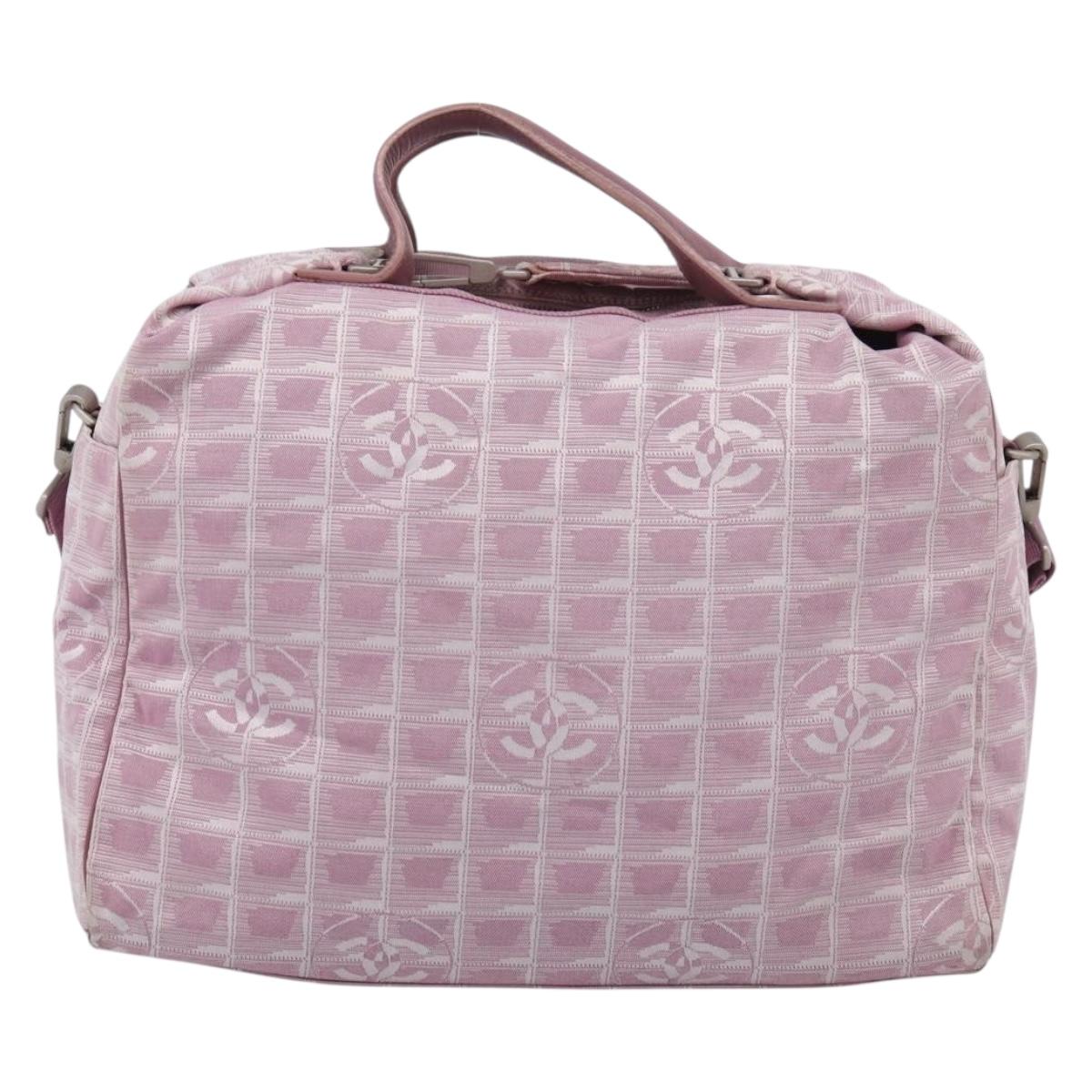 CHANEL New Travel Line Shoulder Bag Nylon Pink Silver CC Auth 208736