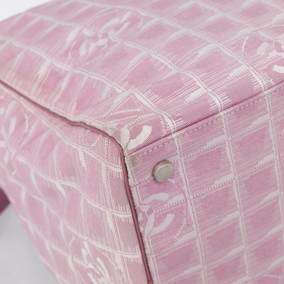 CHANEL New Travel Line Shoulder Bag Nylon Pink Silver CC Auth 208736