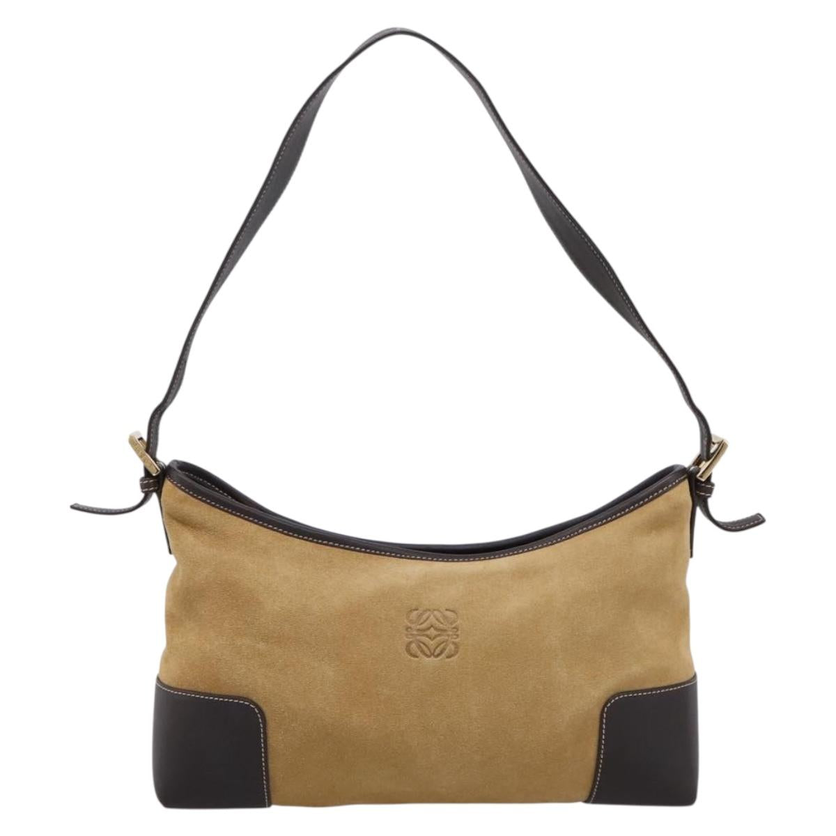 LOEWE Shoulder Bag Suede Beige Gold Tone Auth 208742V