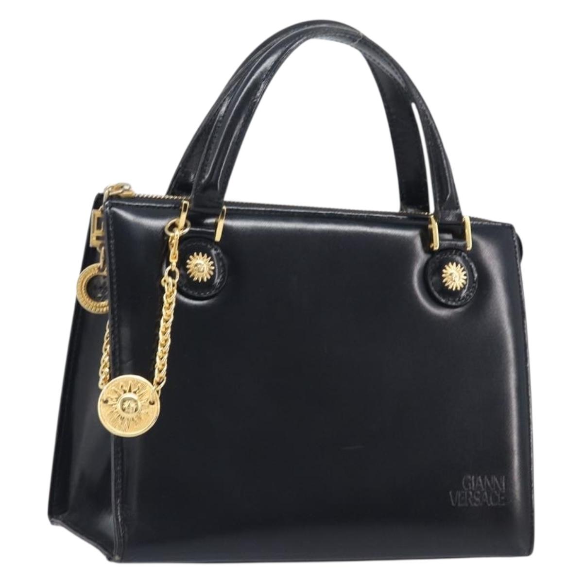 Gianni Versace Hand Bag Leather Black Gold Auth 208748