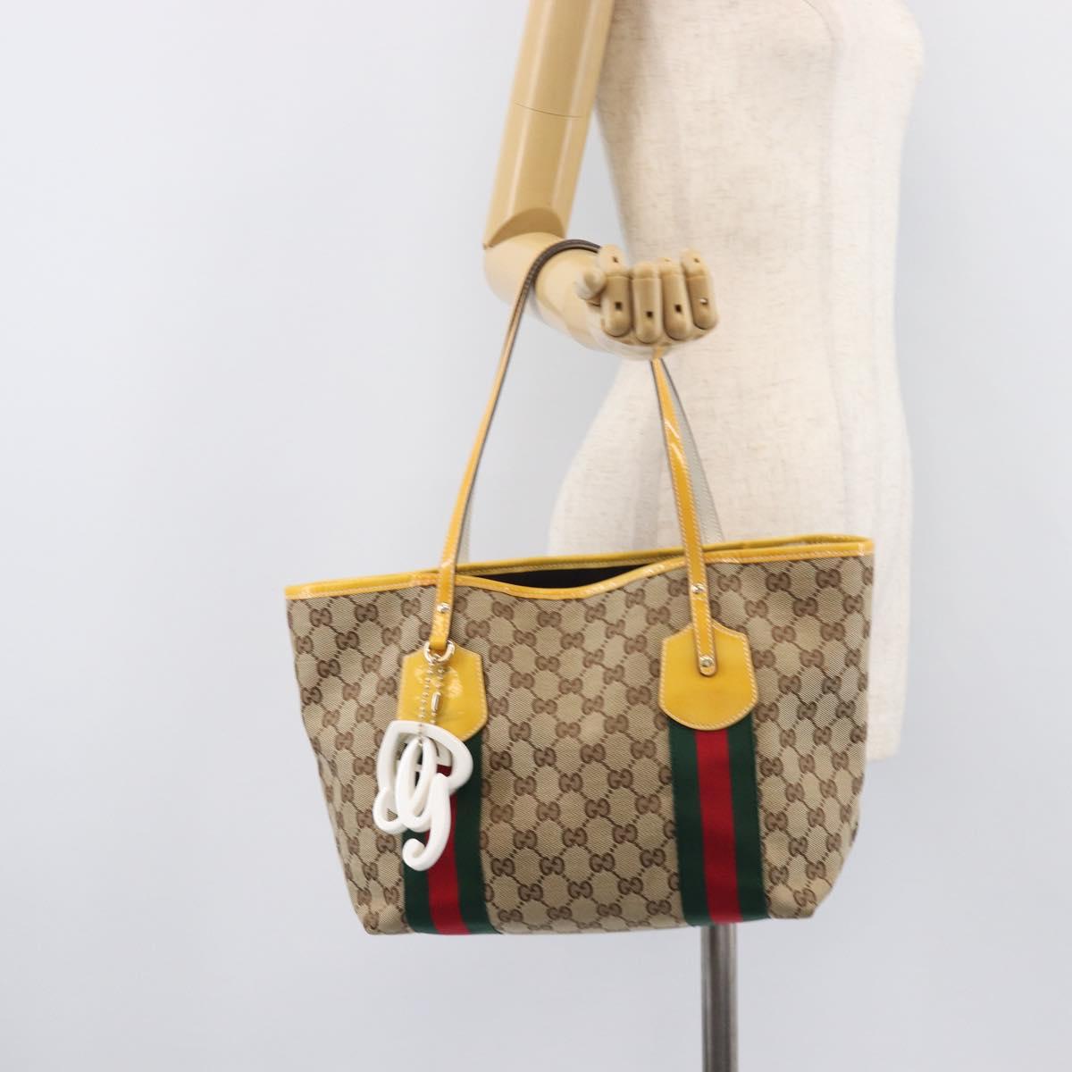 GUCCI GG Canvas Web Sherry Line Tote Bag Beige Gold 211971 Auth 208769V