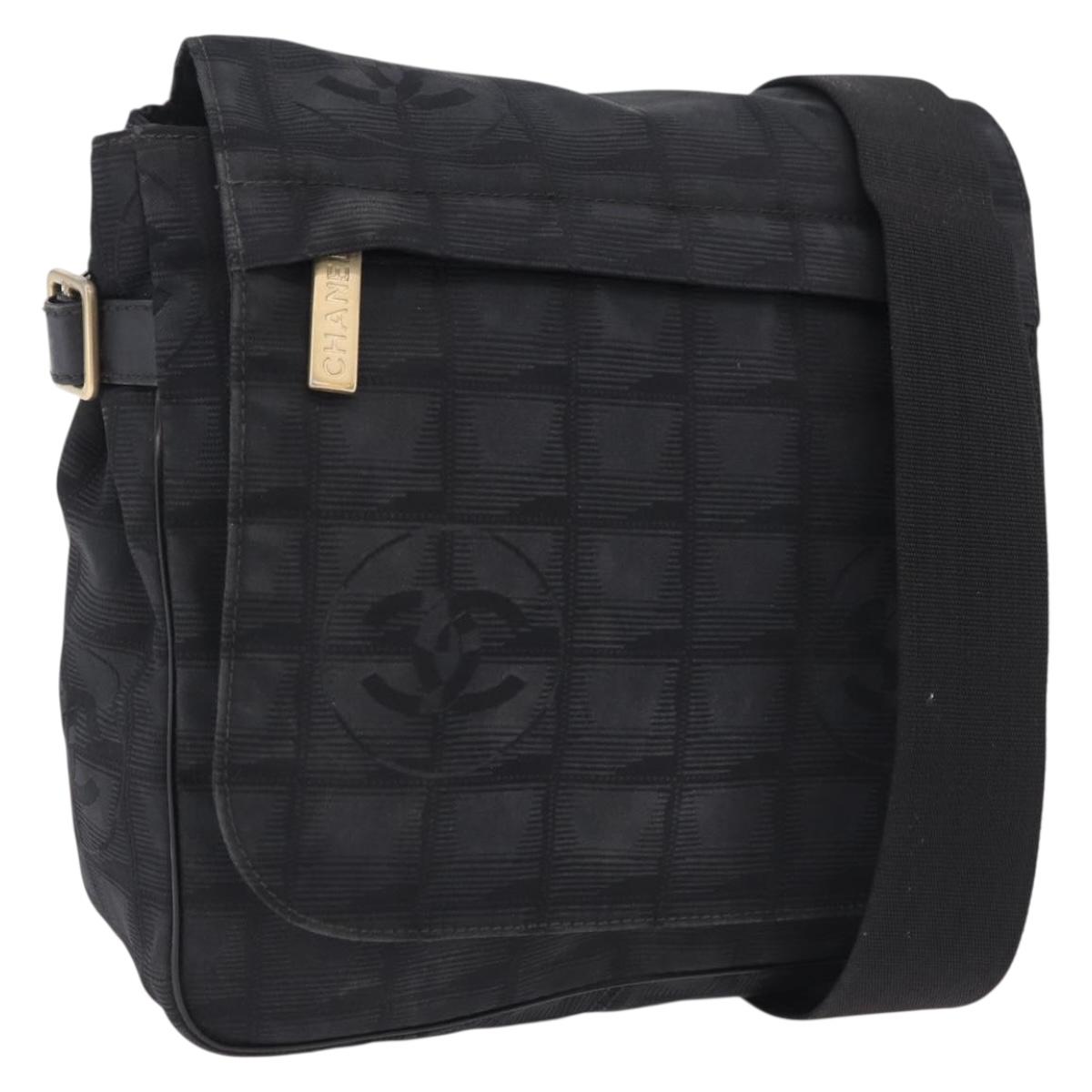 CHANEL New Travel Line Shoulder Bag Canvas Black Gold CC Auth 208770A
