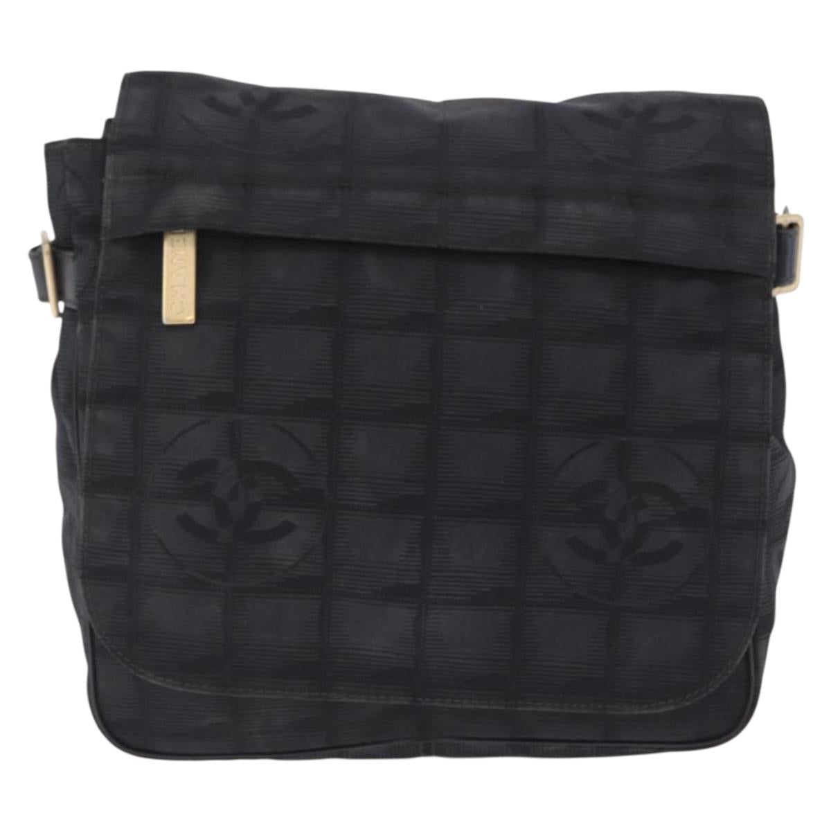 CHANEL New Travel Line Shoulder Bag Canvas Black Gold CC Auth 208770A