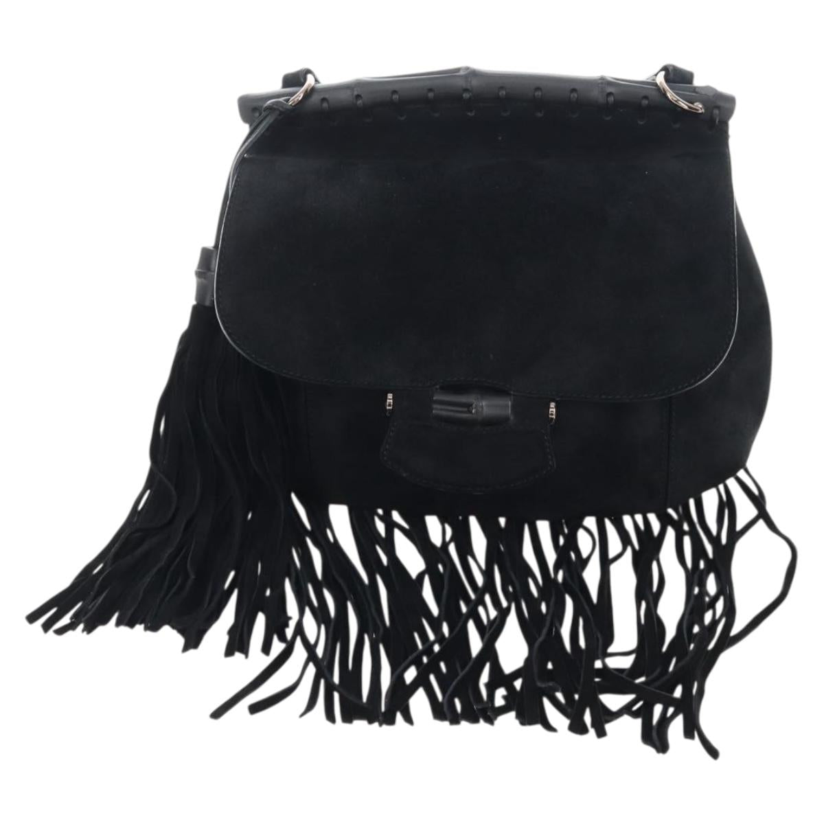 GUCCI Bamboo Shoulder Bag Suede Black Gold Auth 208774V