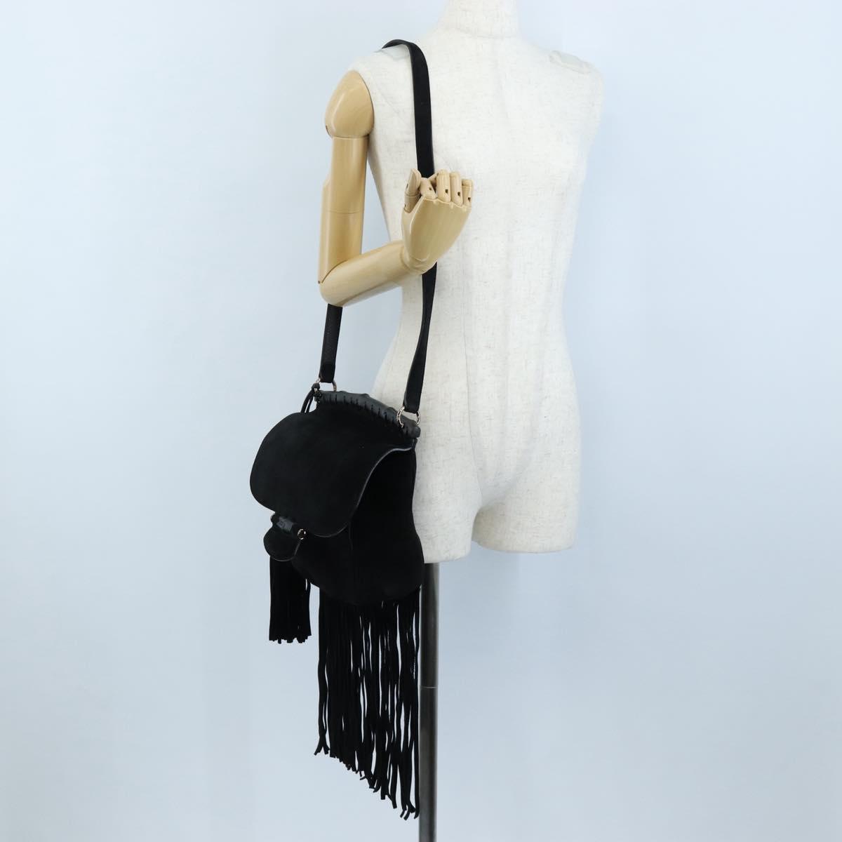 GUCCI Bamboo Shoulder Bag Suede Black Gold Auth 208774V