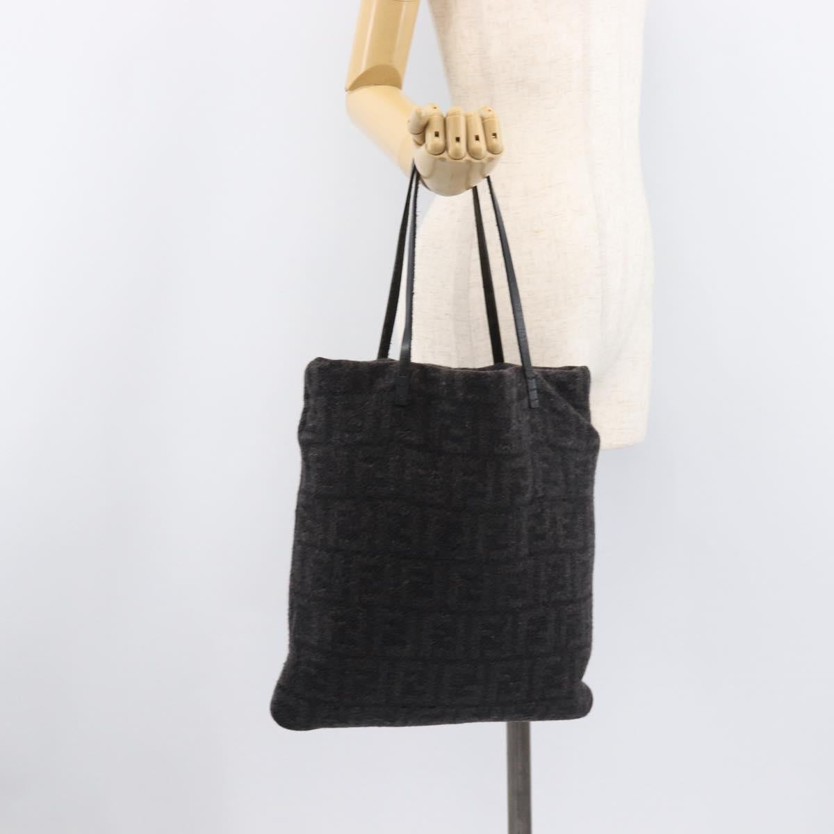 FENDI Zucca Canvas Tote Bag Wool Black Silver Auth 208794A