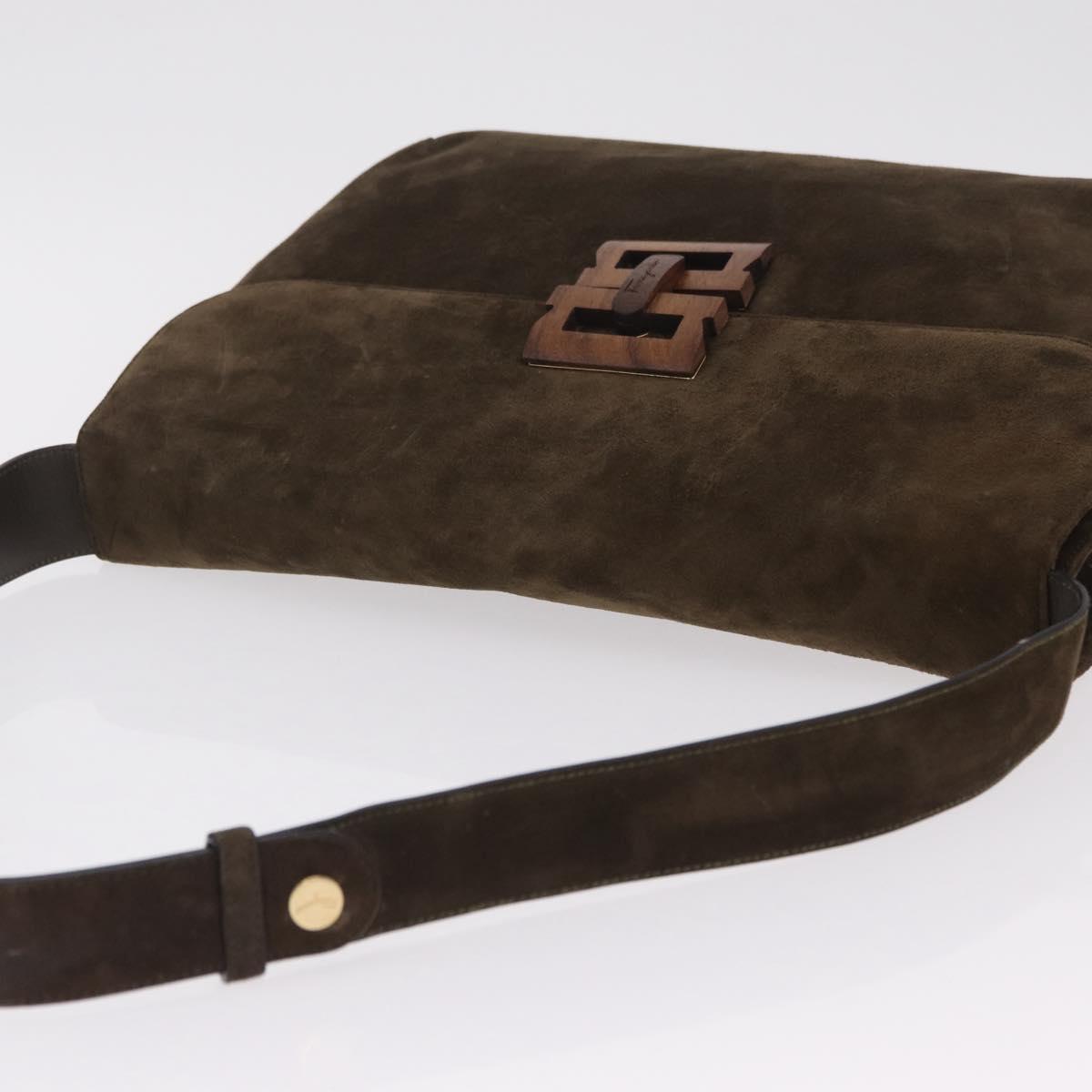 Salvatore Ferragamo Shoulder Bag Suede Khaki Gold Auth 208797