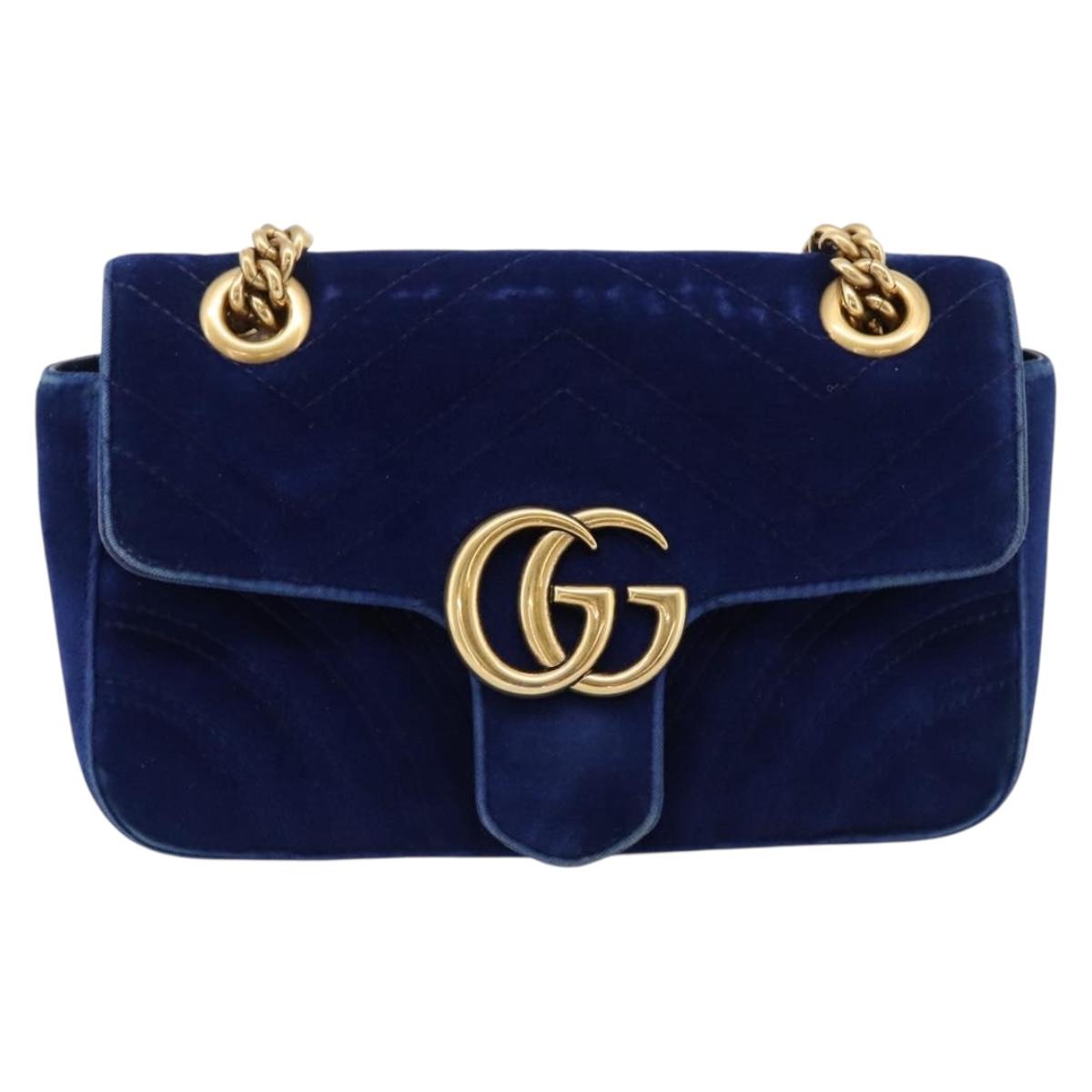 GUCCI GG Marmont Chain Shoulder Bag Velor Blue Gold 446744 Auth 208800V