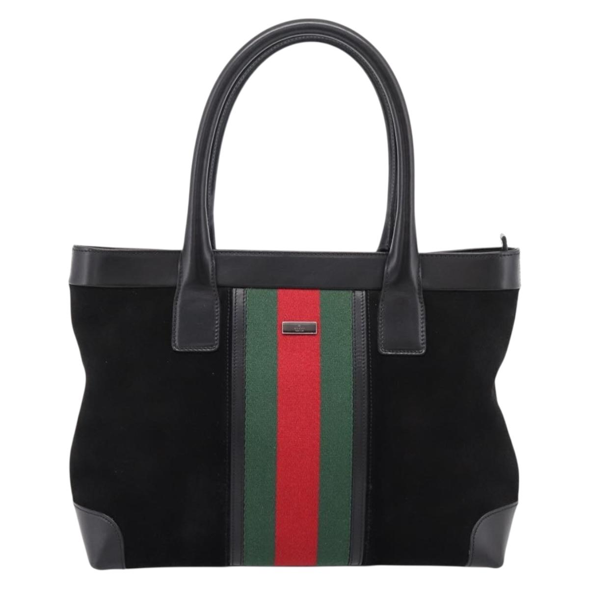 GUCCI Web Sherry Line Hand Bag Suede Leather Black Silver 33890 Auth 208802V