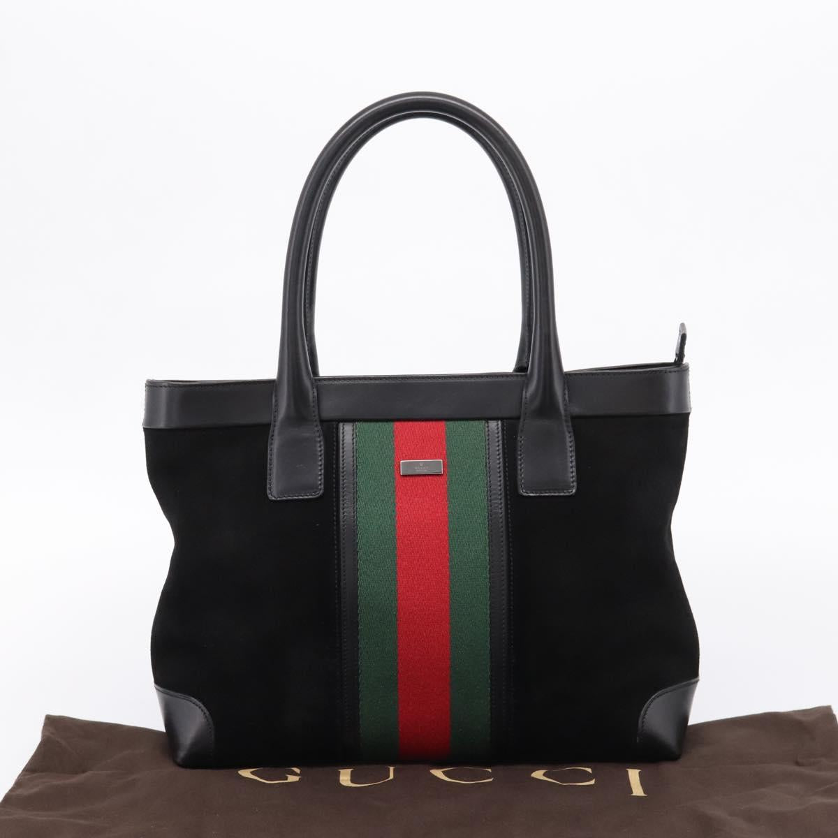 GUCCI Web Sherry Line Hand Bag Suede Leather Black Silver 33890 Auth 208802V