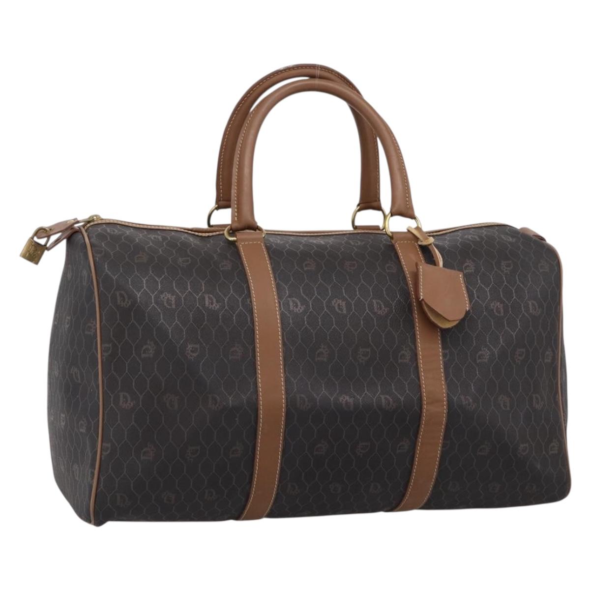 Christian Dior Honeycomb Canvas Boston Bag PVC Black Gold Auth 208806