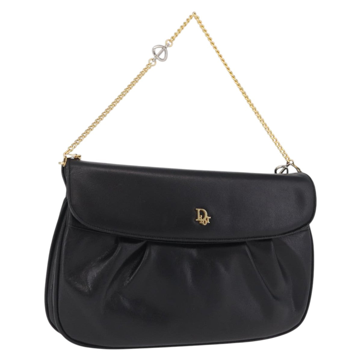 Christian Dior Chain Shoulder Bag Leather Black Gold Tone Auth 208860