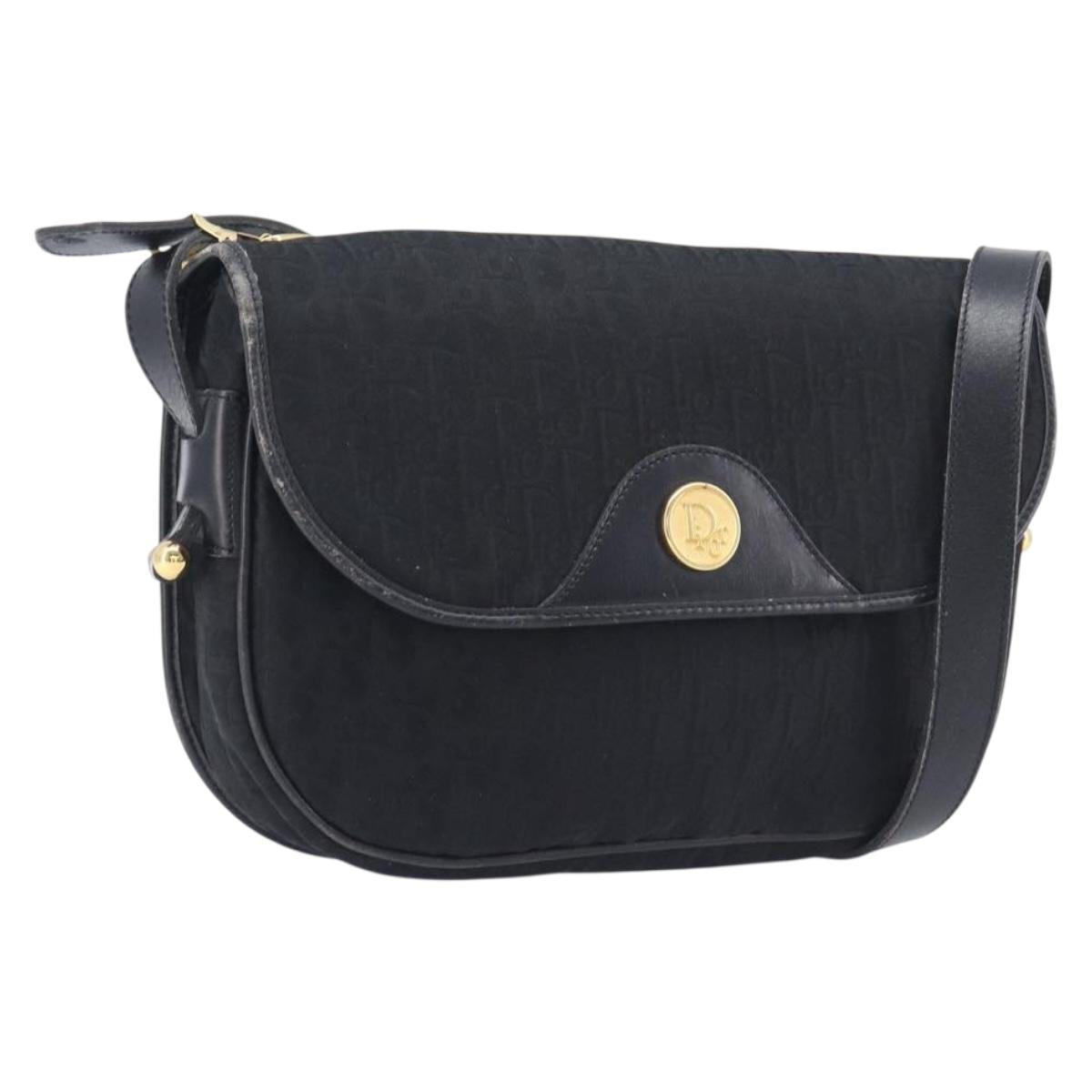 Christian Dior Trotter Canvas Shoulder Bag Black Gold Tone Auth 208865