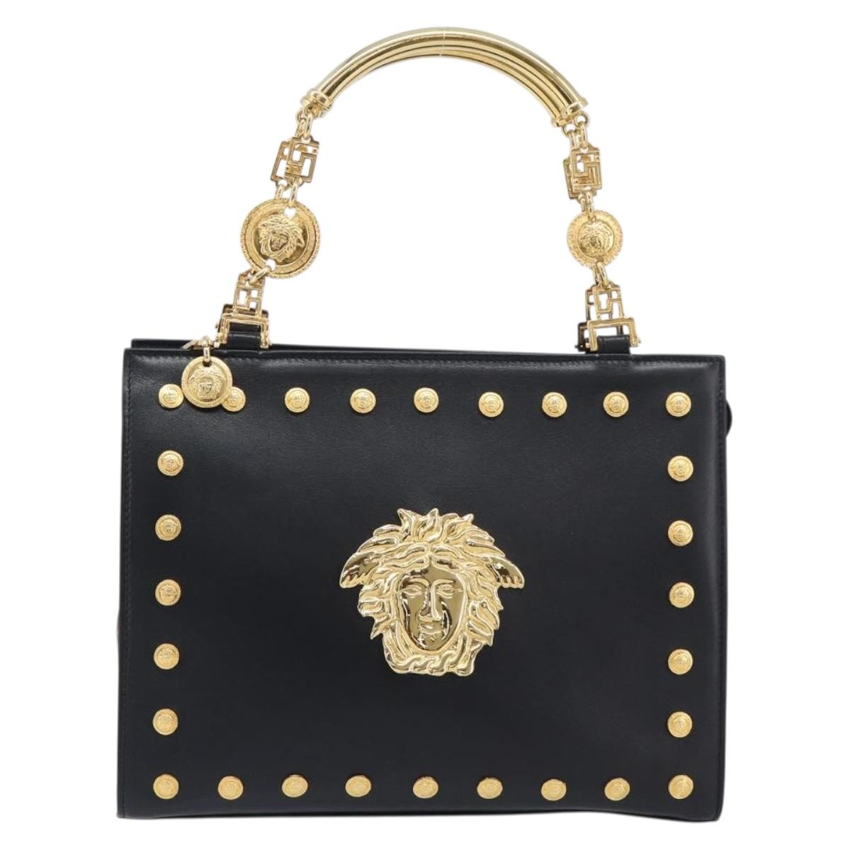 Gianni Versace Hand Bag Leather Black Gold Tone Auth 208883V