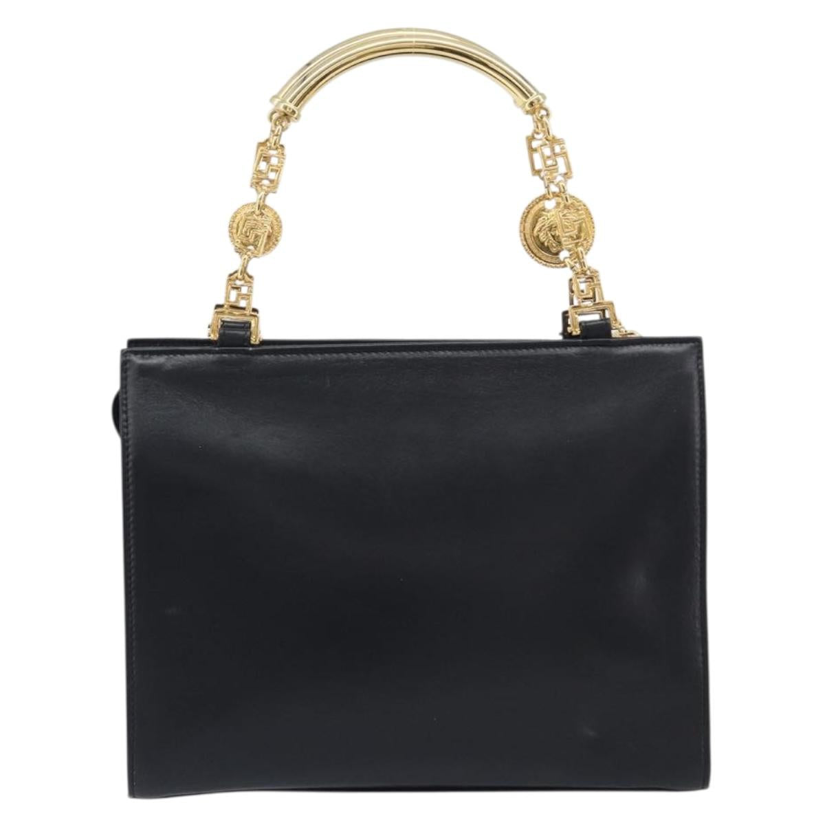 Gianni Versace Hand Bag Leather Black Gold Tone Auth 208883V
